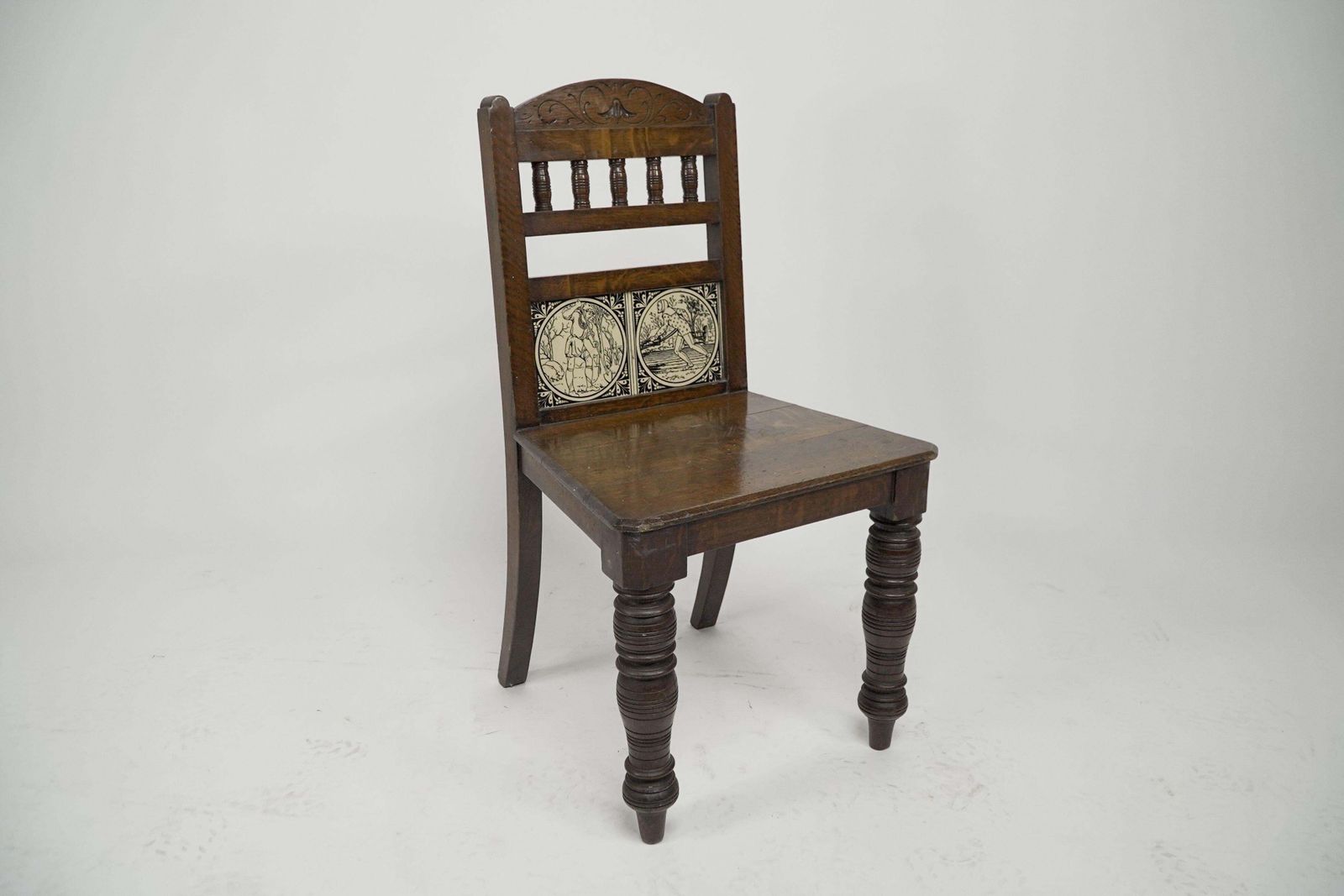A Pair Of Substantial Gothic Revival Oak Hall Chairs With Period Tiles photo for sale