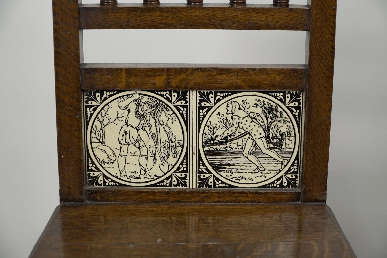 A Pair Of Substantial Gothic Revival Oak Hall Chairs With Period Tiles photo buy