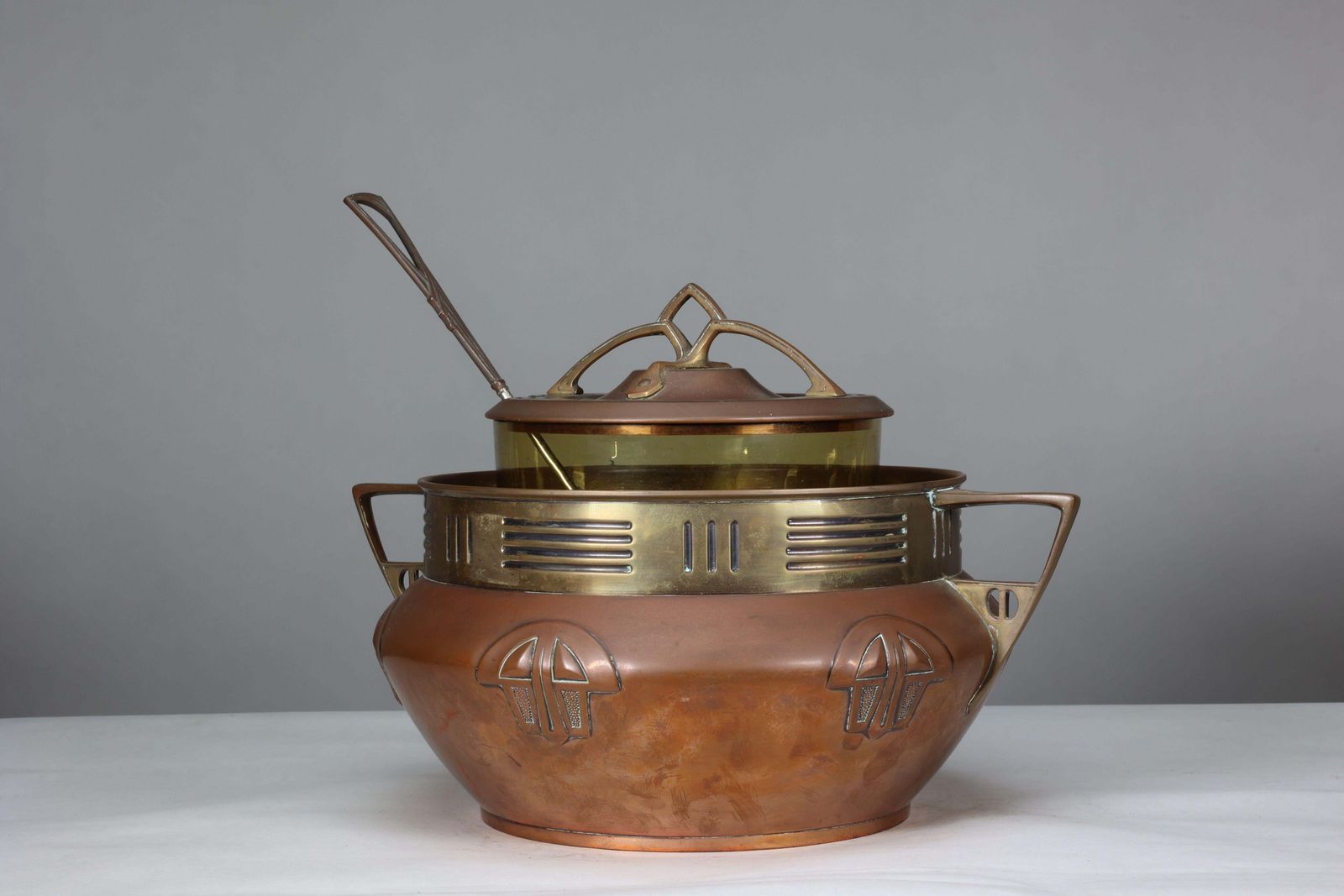 Carl Deffner. An Early Secessionist Style Copper And Brass Punch Bowl And Lid photo vintage