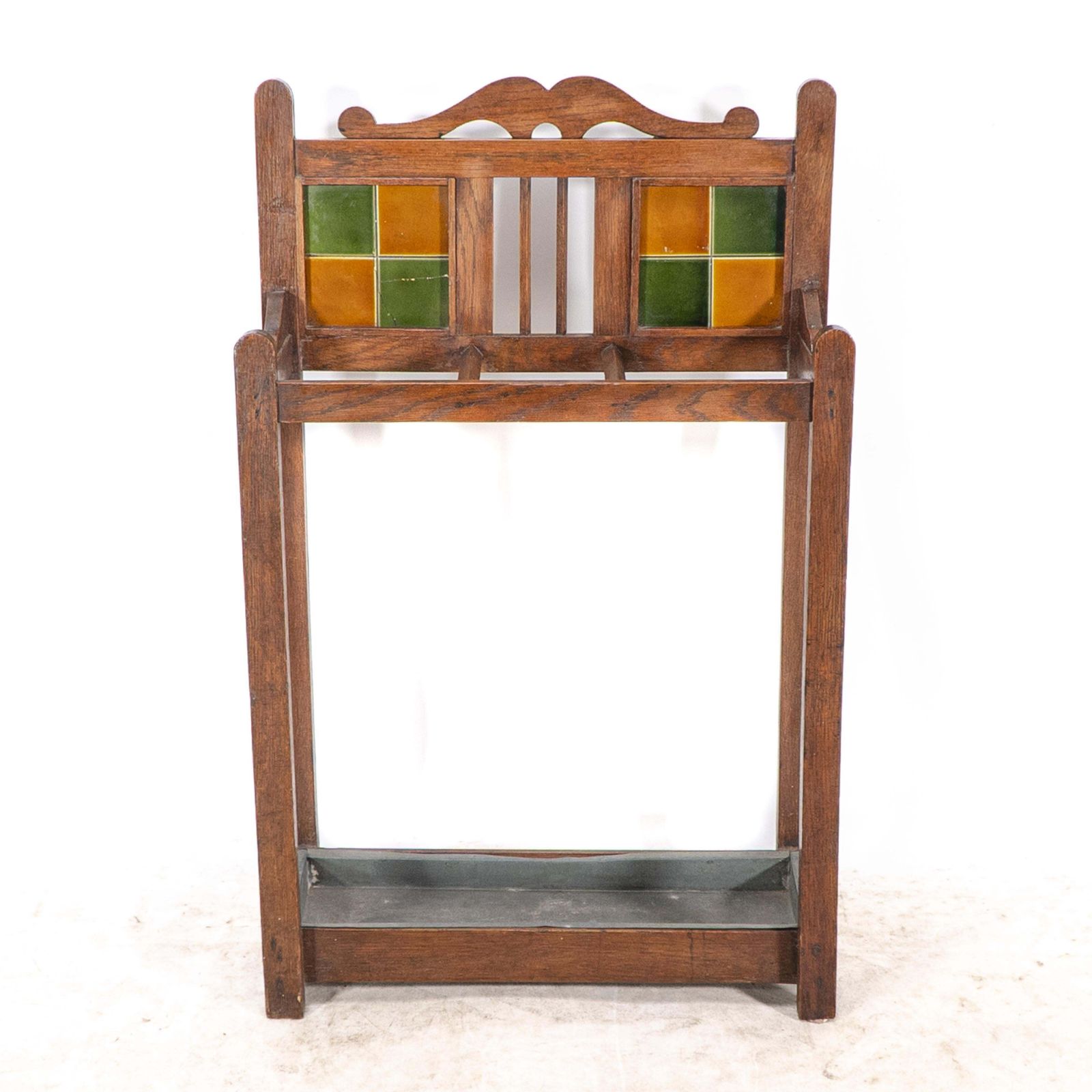 An Arts & Crafts Oak Umbrella & Stick Stand With Original Green & Mustard Tiles photo furniture