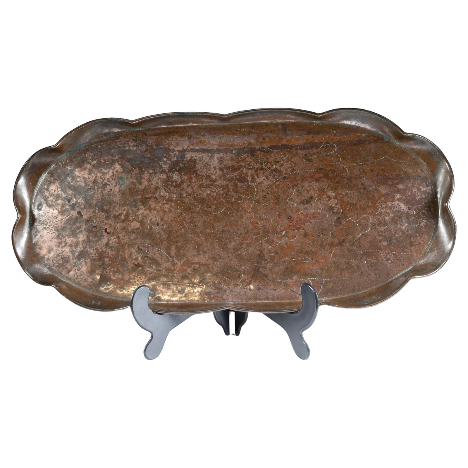 An Arts & Crafts Copper Tray Decorated With Swimming Fishes & Folded Wavy Edges