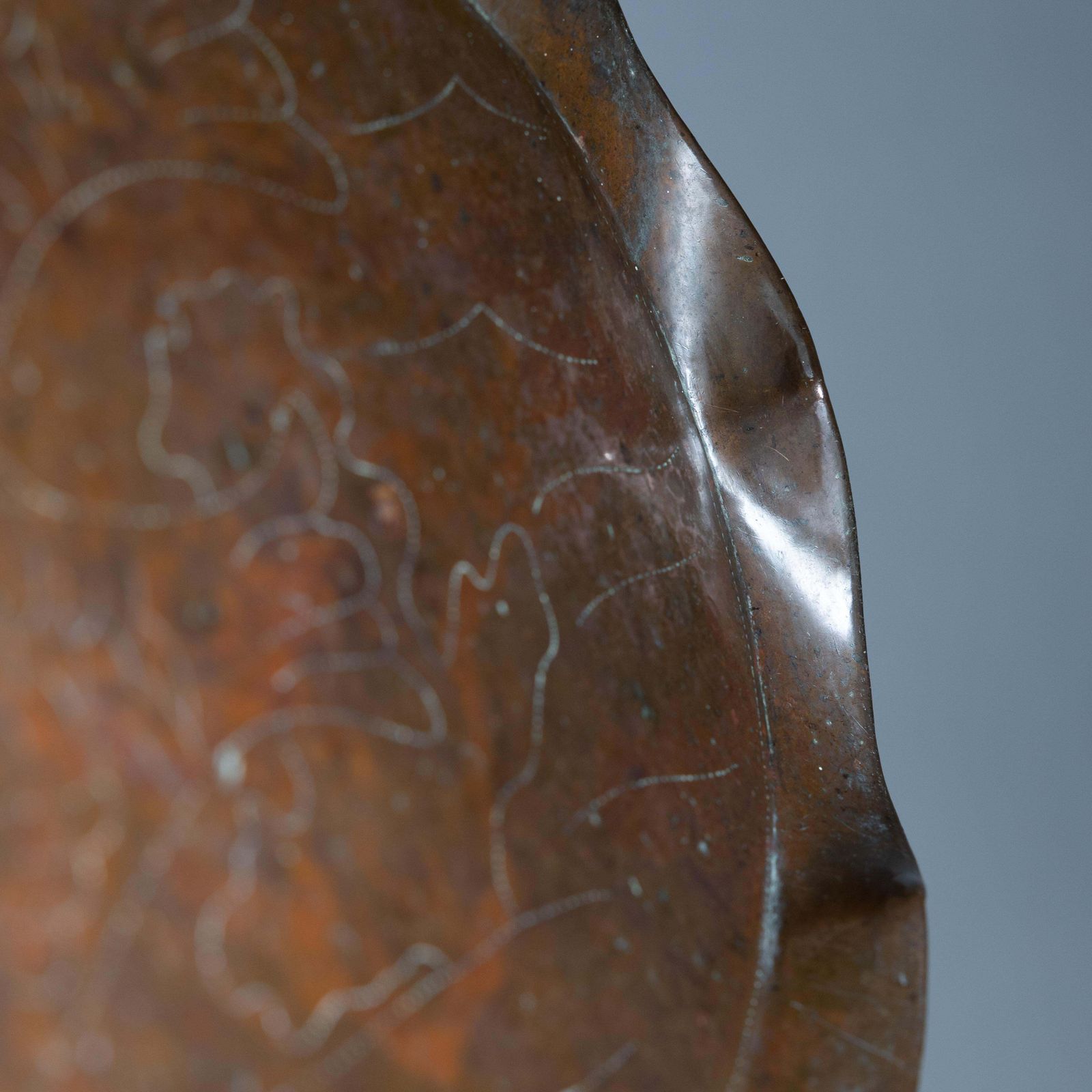 photo for sale An Arts & Crafts Copper Tray Decorated With Swimming Fishes & Folded Wavy Edges