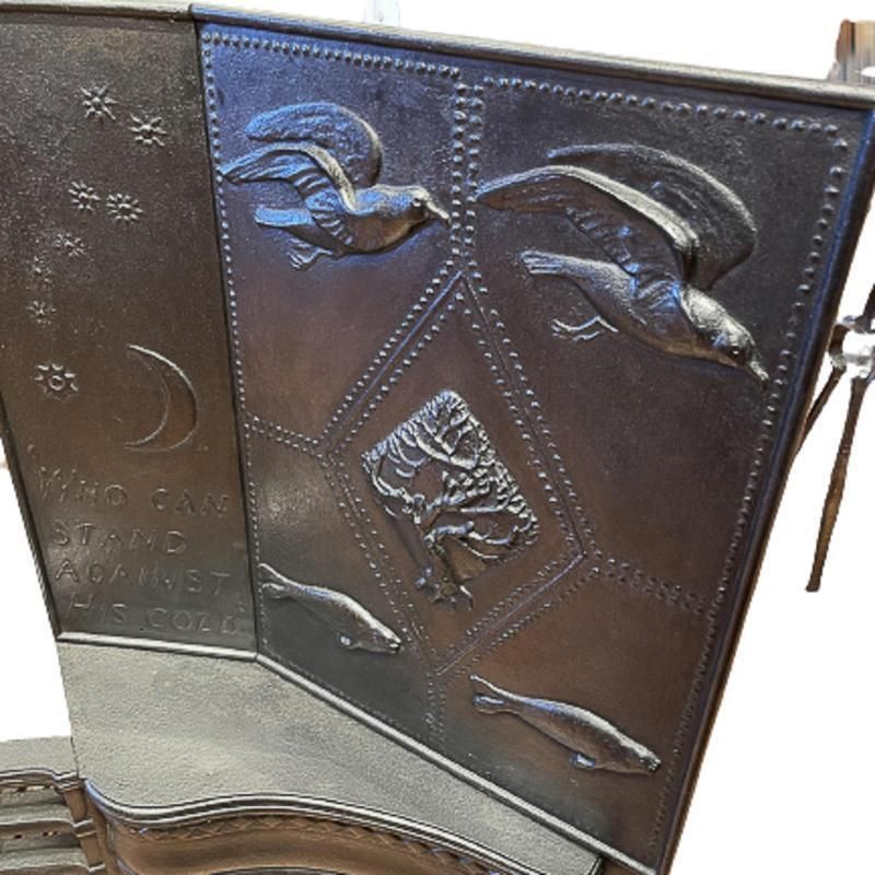 photo furniture George Jack. Arts & Crafts Cast Iron Plated Copper & Cipollino Marble Fireplace