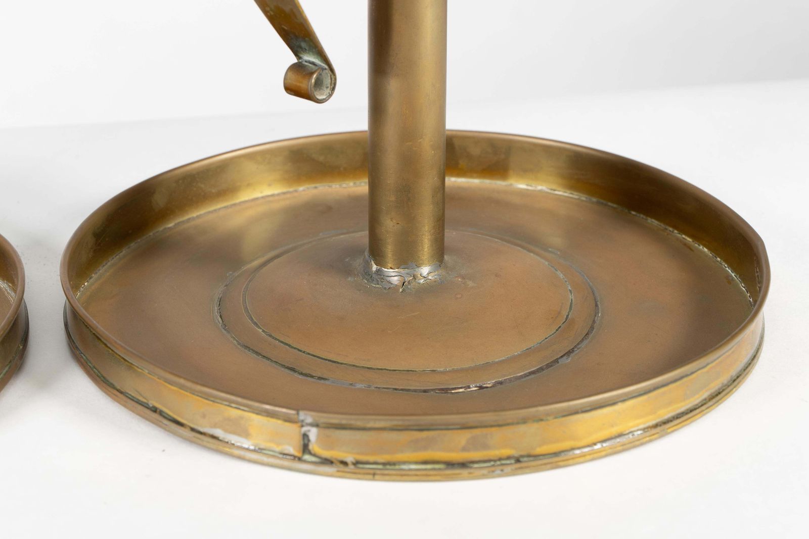 photo for sale A Pair Of Scottish School Arts & Crafts Brass Candlesticks W Circular Drip Trays