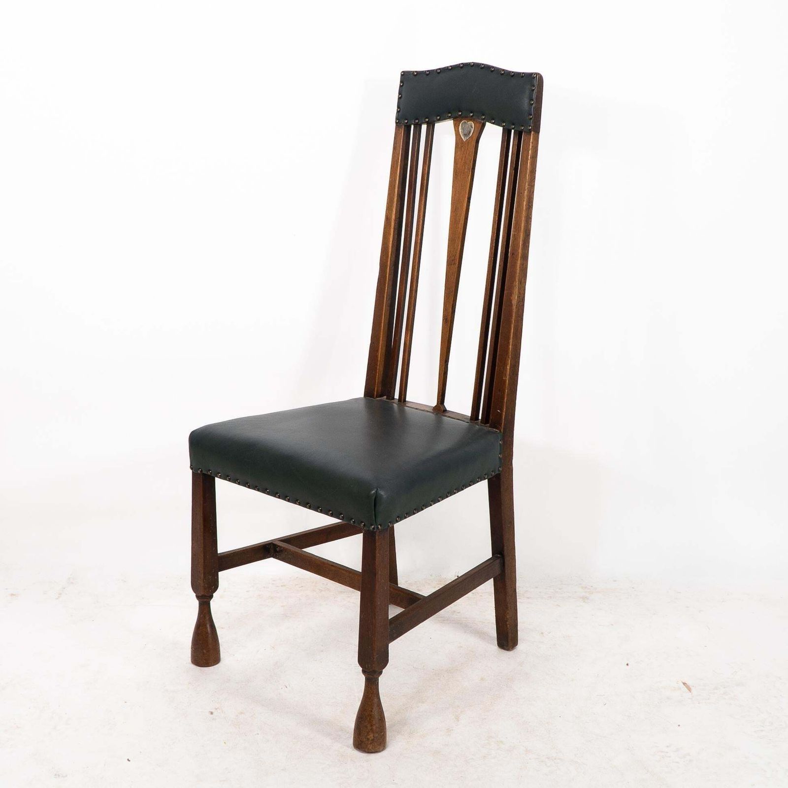 Liberty & Co. Attr. Set Of 3 Dining Chairs With Voysey Style Inlaid Pewter Heart photo vinterior