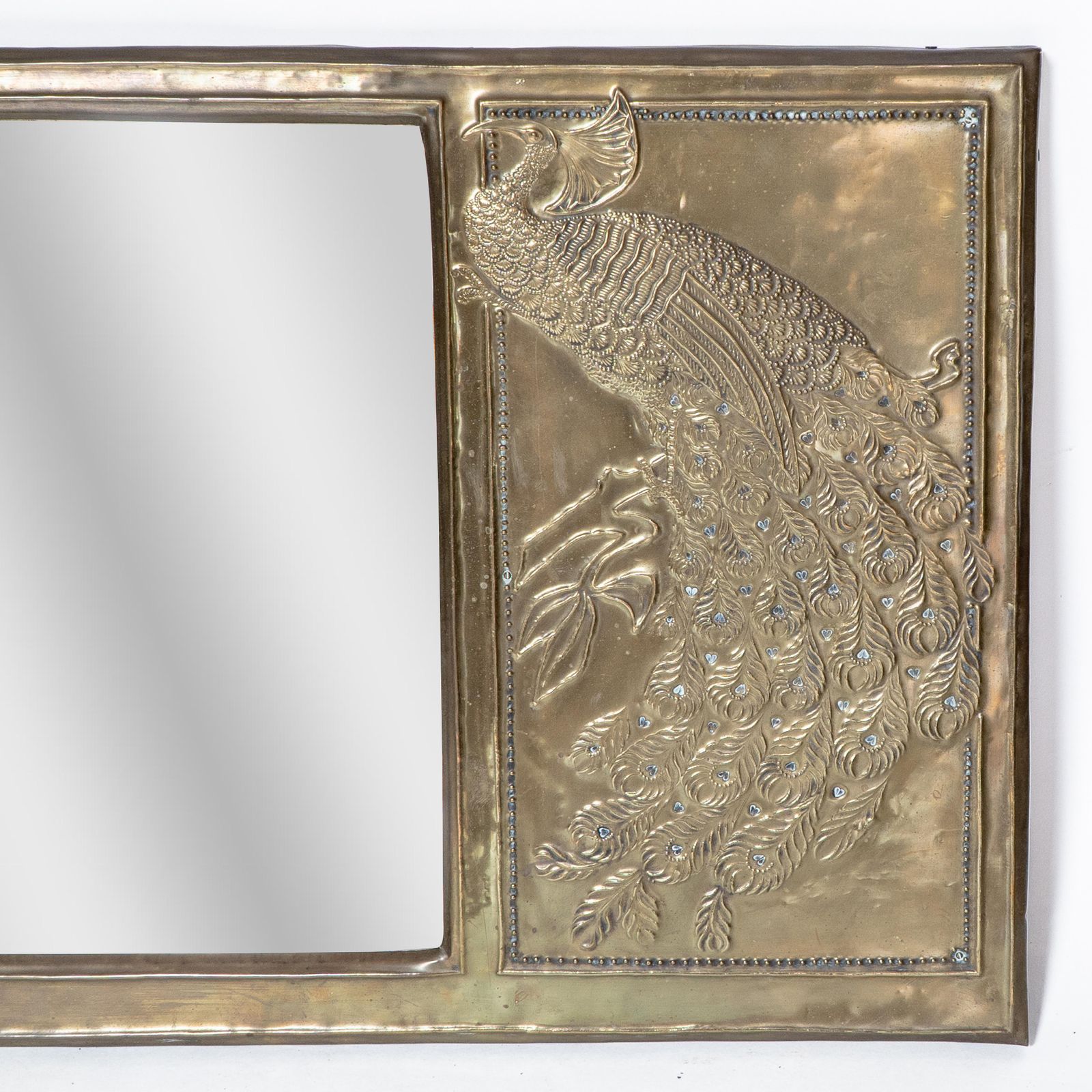 An Aesthetic Movement Brass Mirror With Stylized Peacocks Perched On A Branch photo vintage