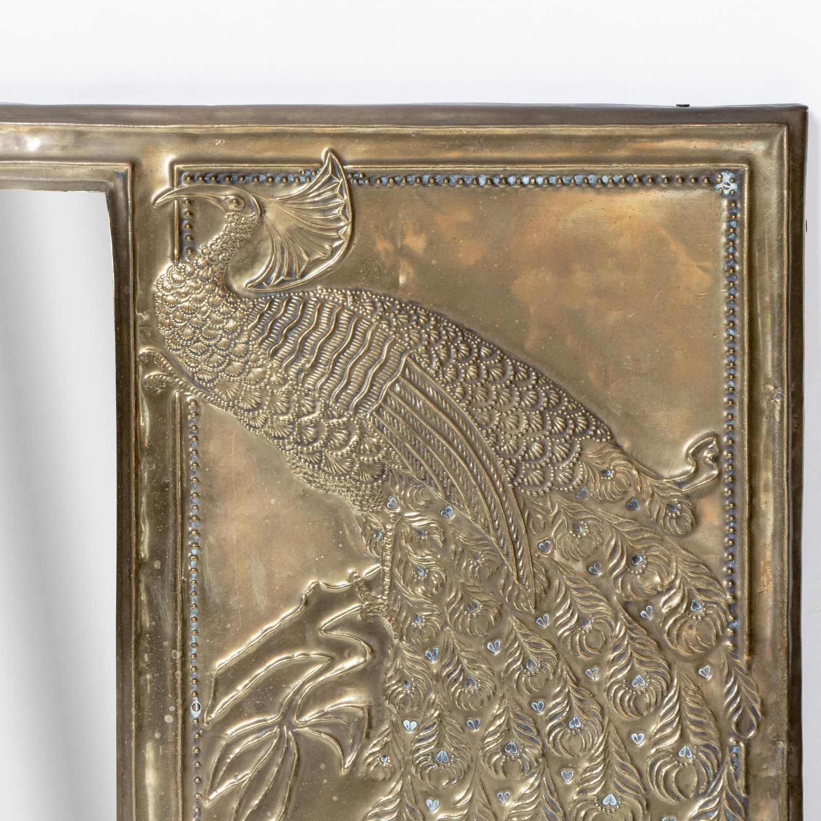 photo for sale An Aesthetic Movement Brass Mirror With Stylized Peacocks Perched On A Branch