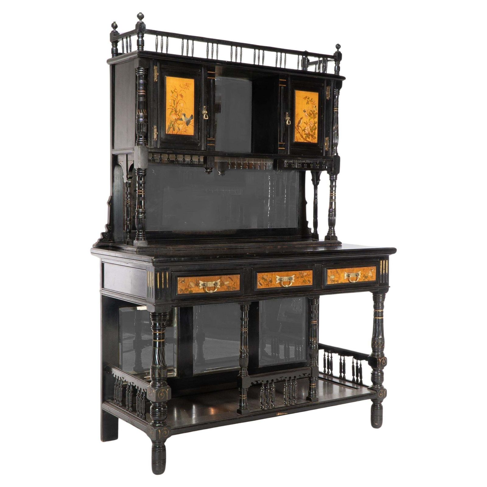 Gillows. A Fine Aesthetic Movement Side Cabinet With Hand Painted Floral Panels