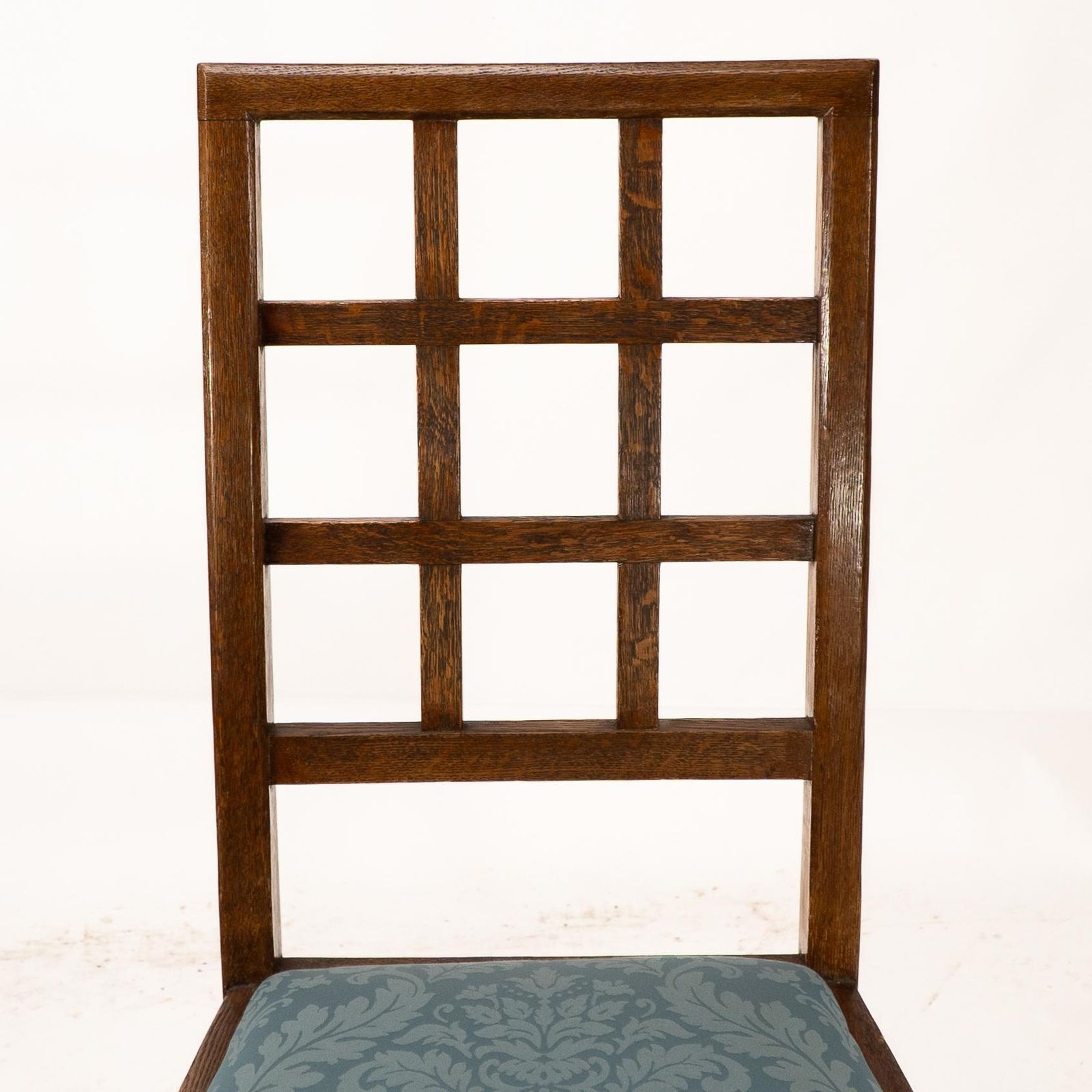photo furniture Heals. Set Of 4 Arts & Crafts Oak Lattice Back Dining Chairs & Blue Damask Seats