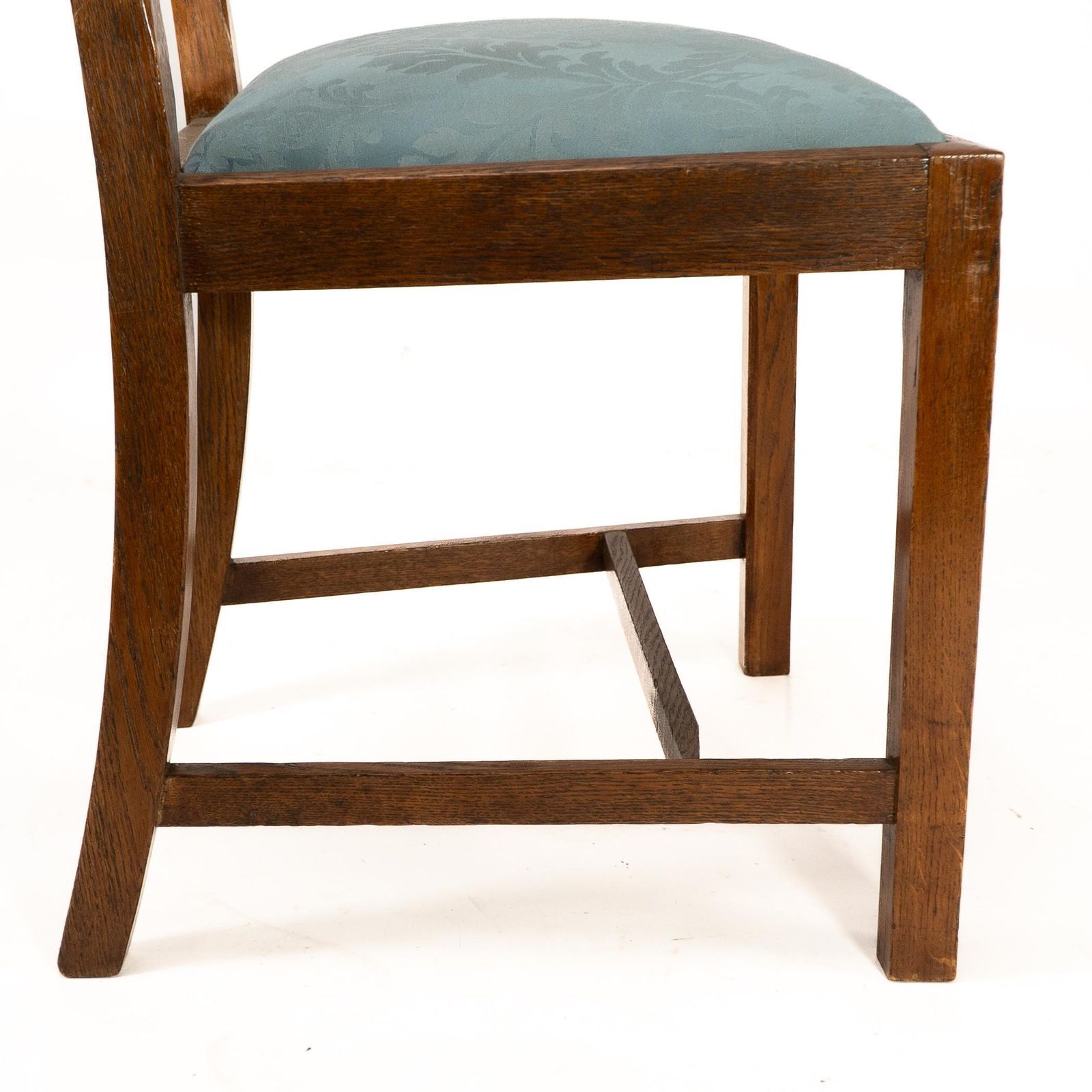 Furniture Heals. Set Of 4 Arts & Crafts Oak Lattice Back Dining Chairs & Blue Damask Seats photo