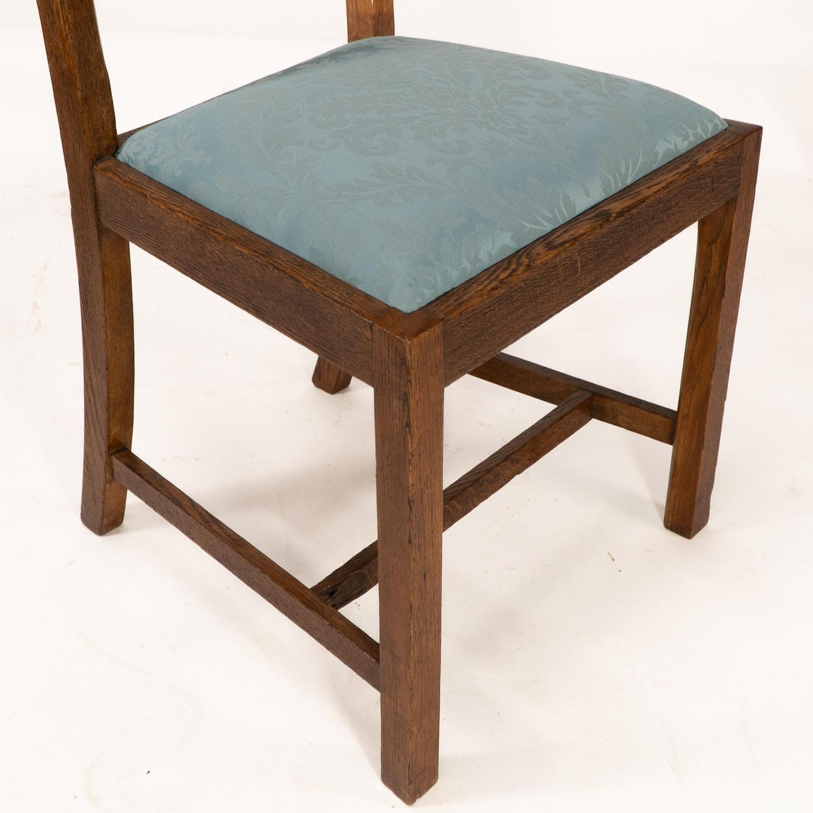 2856.0 Heals. Set Of 4 Arts & Crafts Oak Lattice Back Dining Chairs & Blue Damask Seats photo