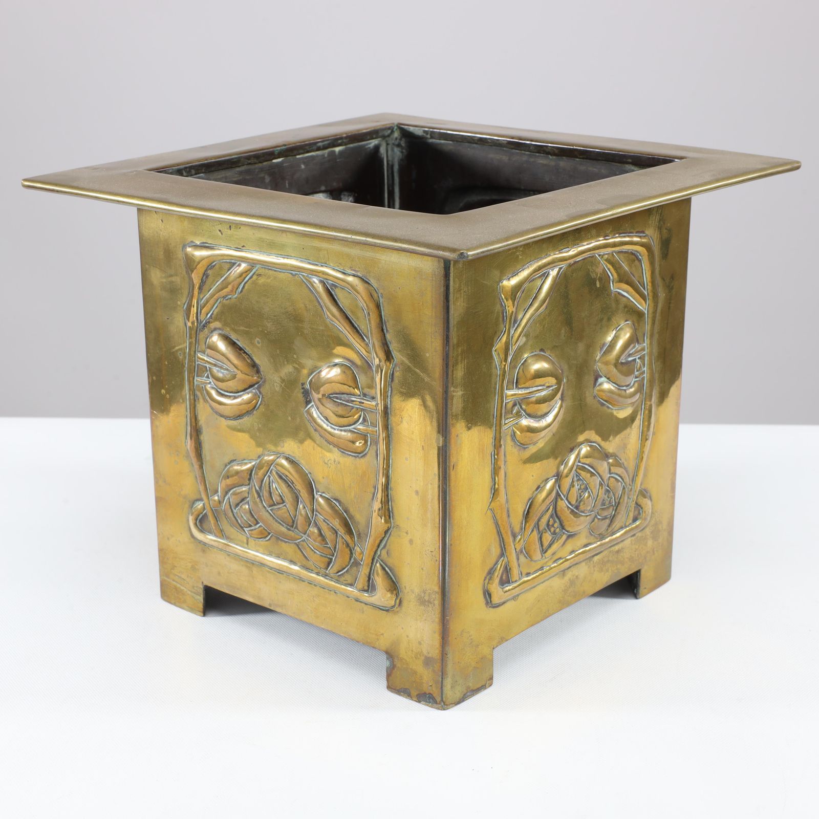 Margaret Gilmour Arts & Crafts Brass Planter With Stylized Rose & Floral Details