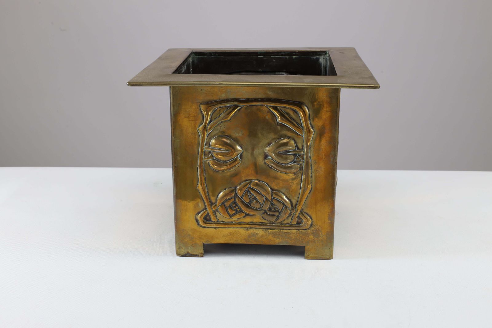 Margaret Gilmour Arts & Crafts Brass Planter With Stylized Rose & Floral Details photo Home Decor