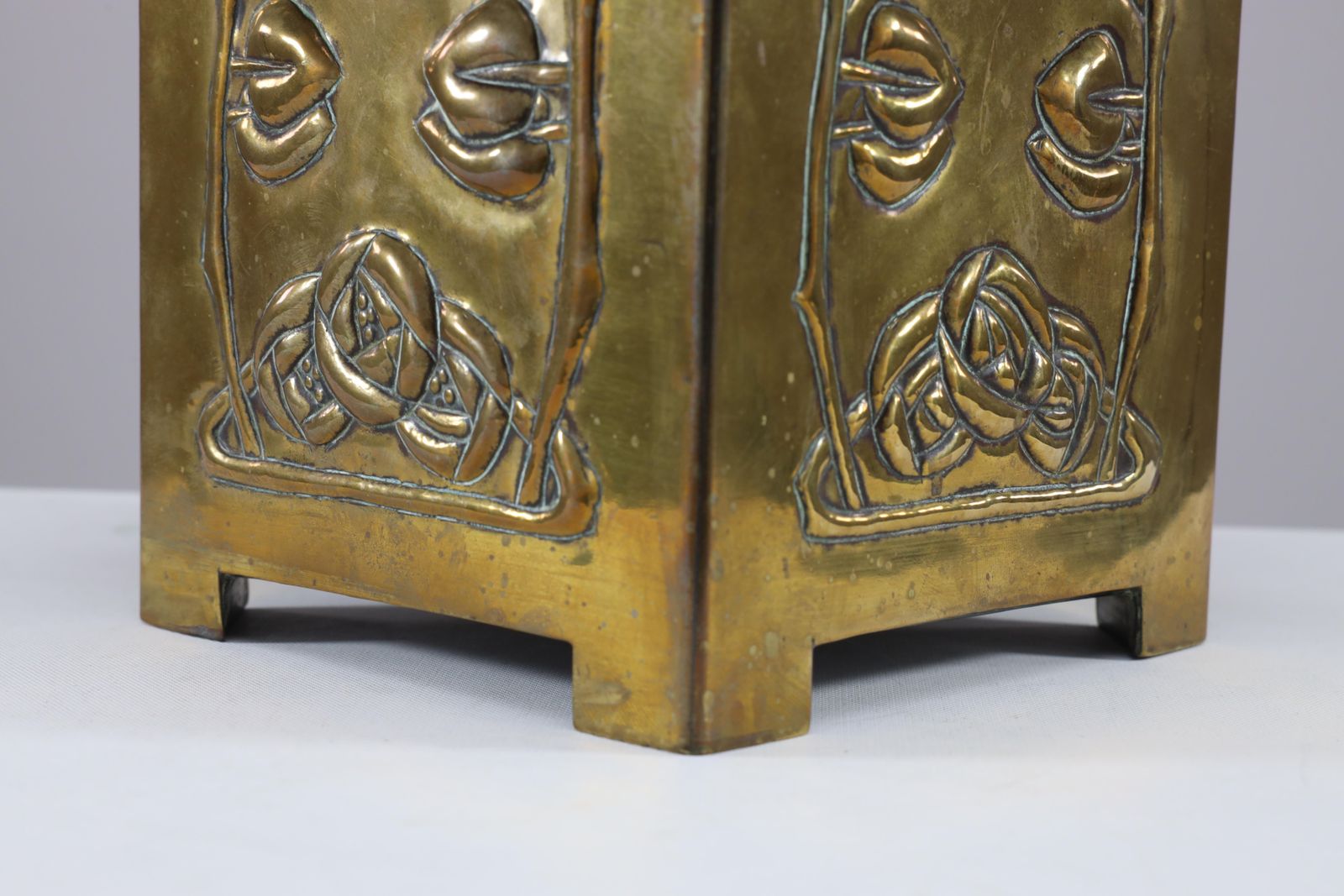 Margaret Gilmour Arts & Crafts Brass Planter With Stylized Rose & Floral Details photo vintage