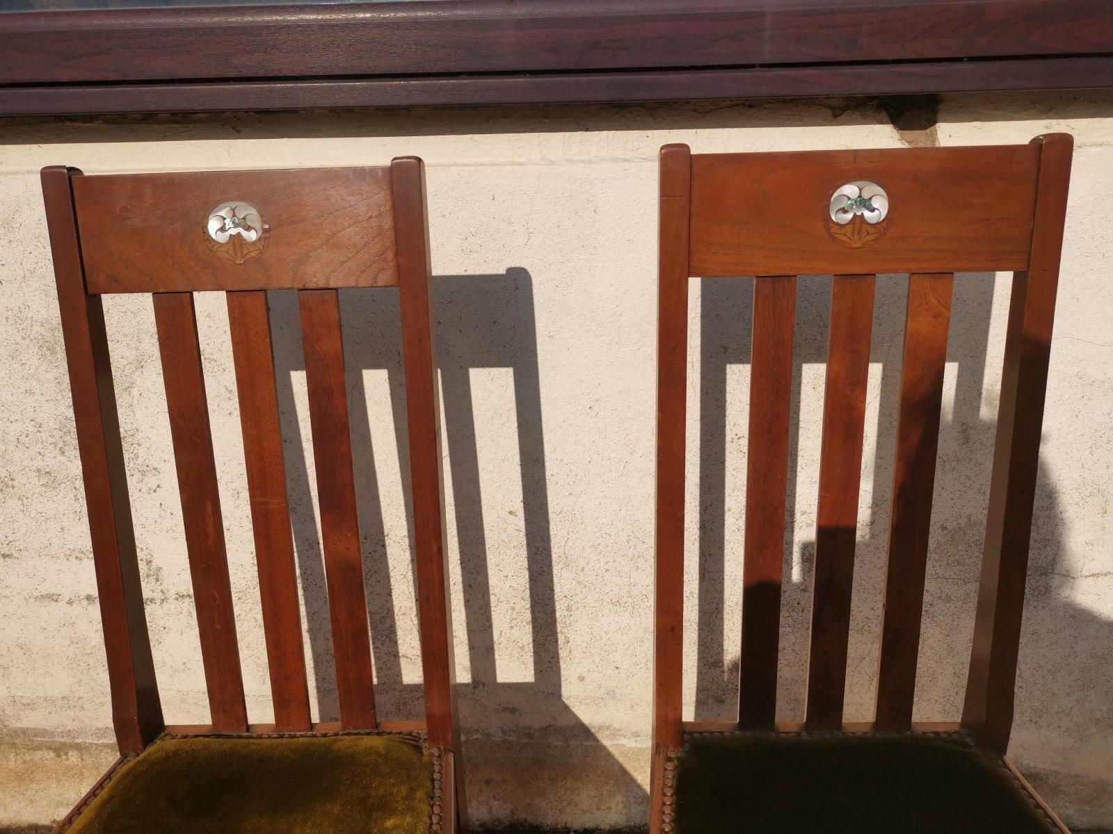 Liberty & Co Four English Arts & Crafts Walnut Chairs With Mother Of Pearl Inlay photo vinterior