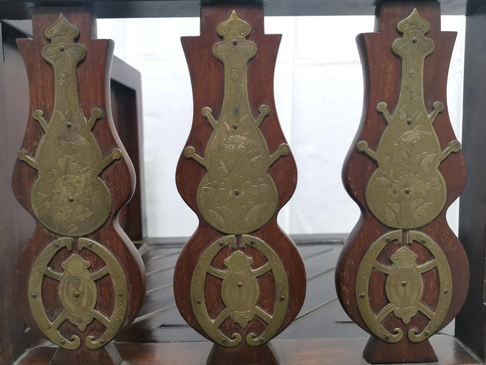 Chinese Rosewood Dining Table & Four Chairs With Etched Decorative Brass Plaques photo buy