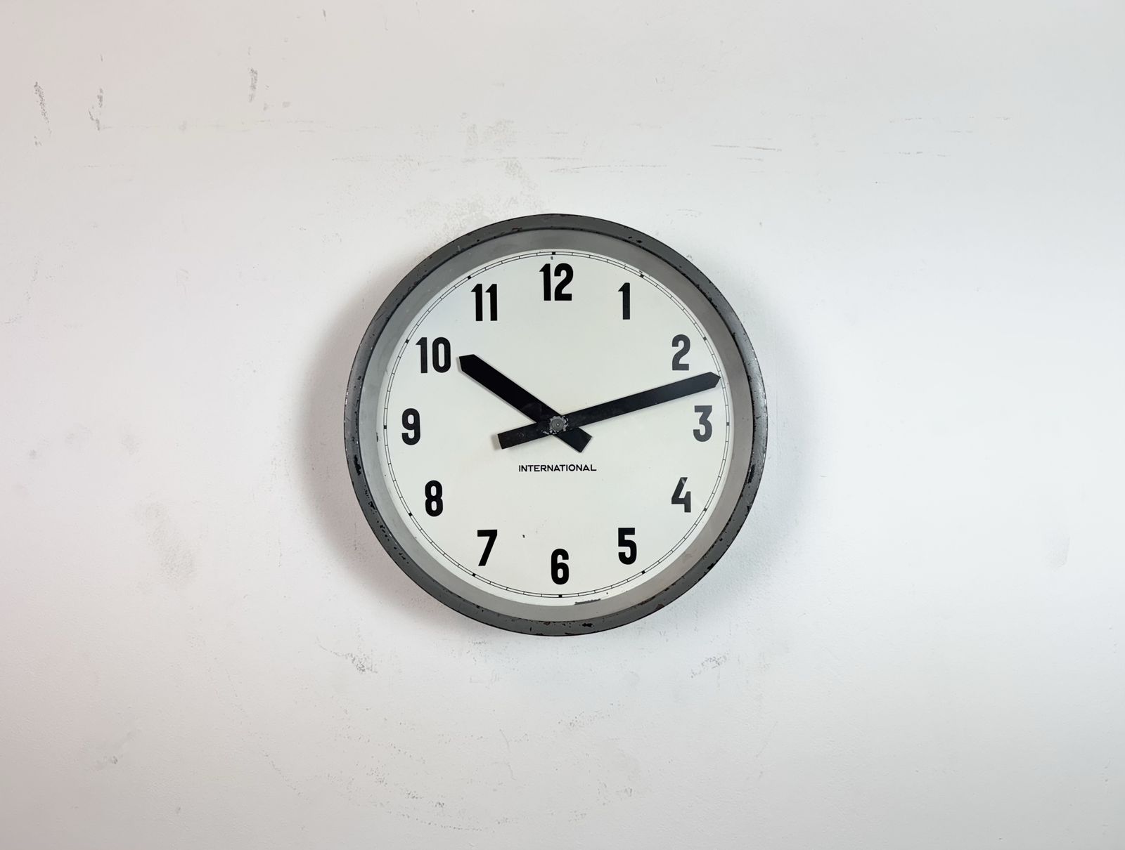 Grey Industrial Factory Wall Clock From International, 1950s photo vintage