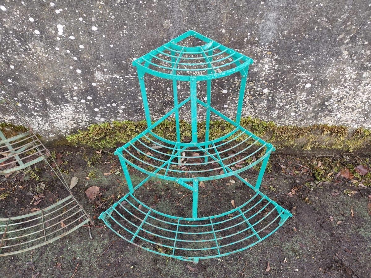 Three French Midcentury Corner Quarter Moon Iron Plant Pot Shelves Or Stands photo vinterior