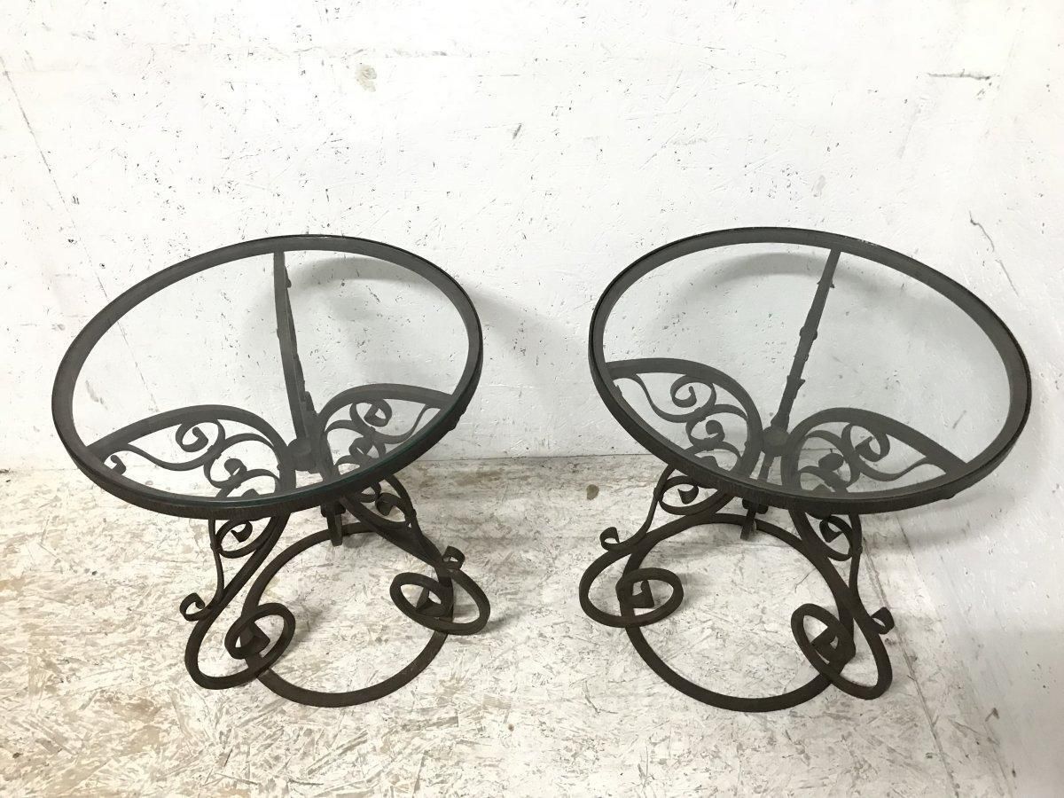 A Pair Of Arts & Crafts Hand Formed Wrought Iron Side Tables With Scroll Details photo furniture
