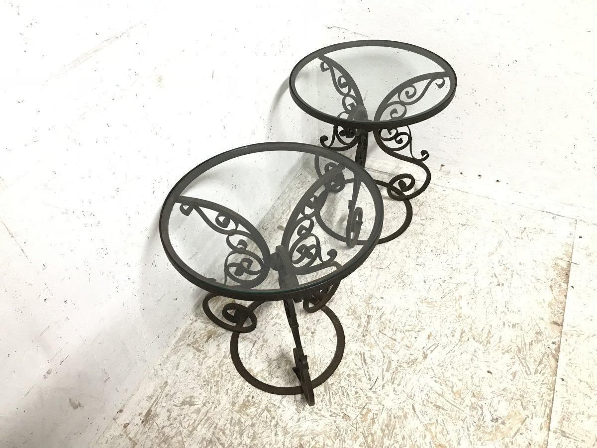 A Pair Of Arts & Crafts Hand Formed Wrought Iron Side Tables With Scroll Details photo for sale