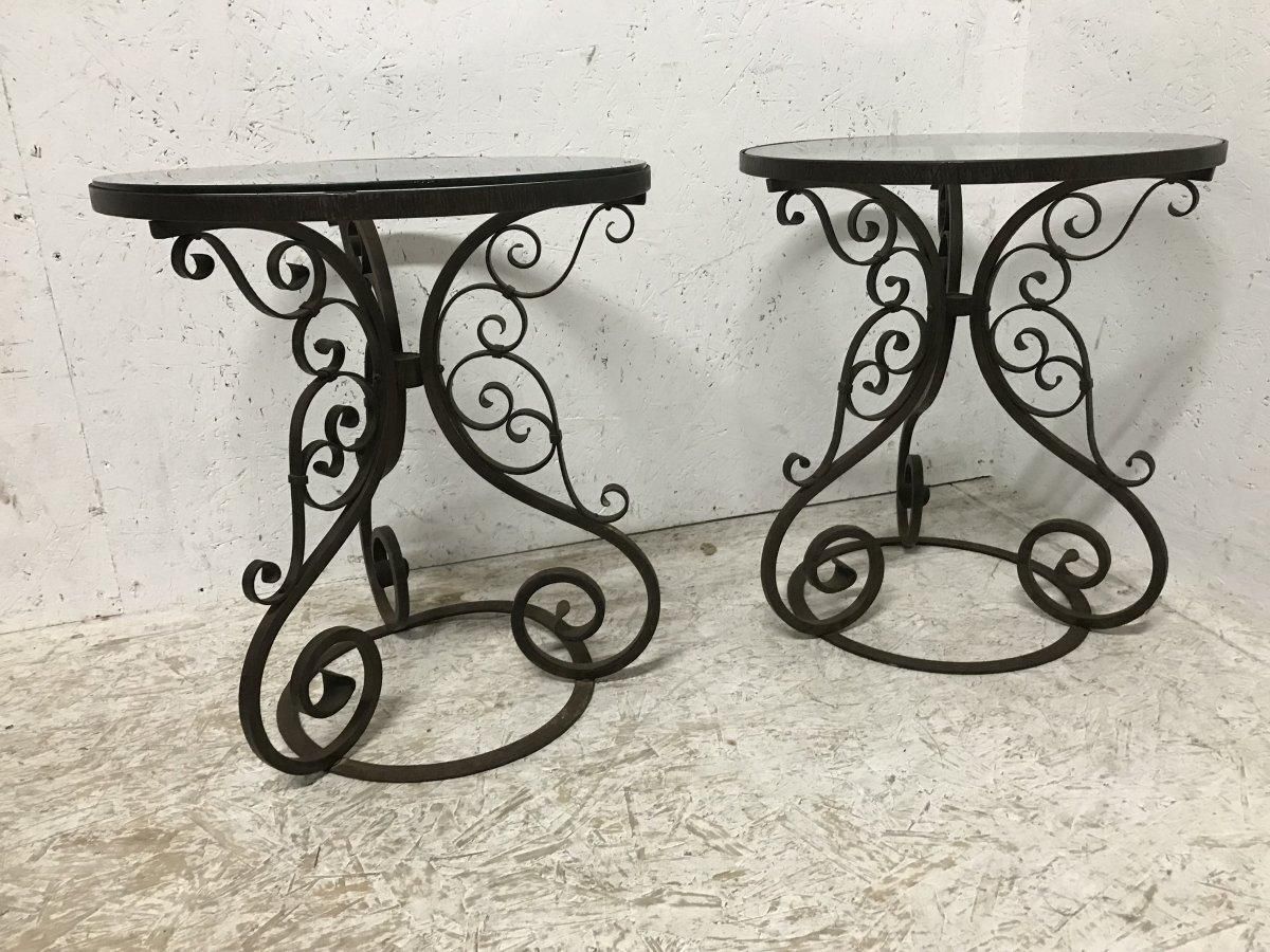 A Pair Of Arts & Crafts Hand Formed Wrought Iron Side Tables With Scroll Details photo Furniture