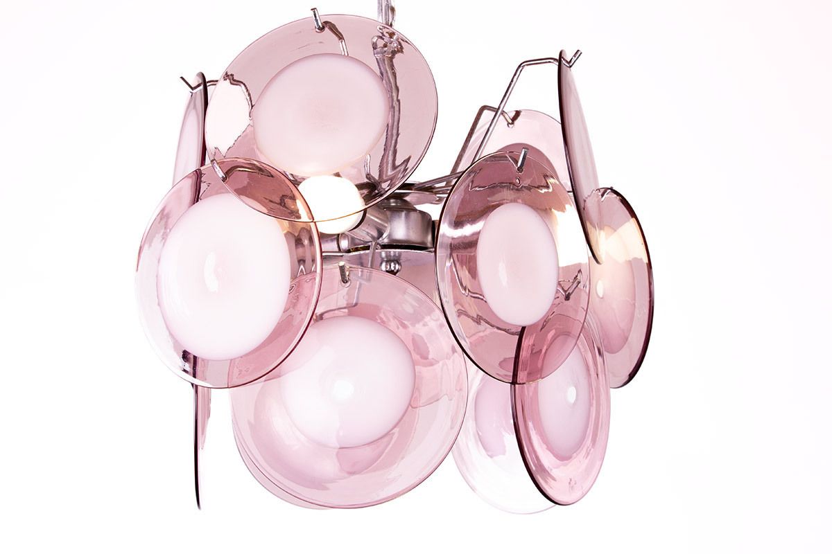 “Space Age” Chandelier Made Of 15 Pink And White Pendants And Murano Glass, “Disc” Model By Gino Vistosi 1970. photo furniture