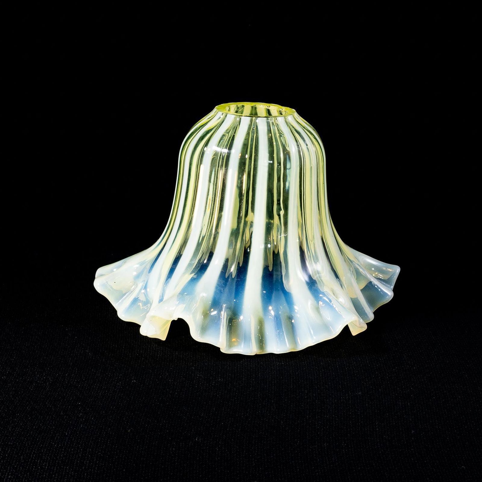 A Pleated Vaseline Shade, Consisting Of Alternating Stripes And A Ruffled Rim. photo Lighting