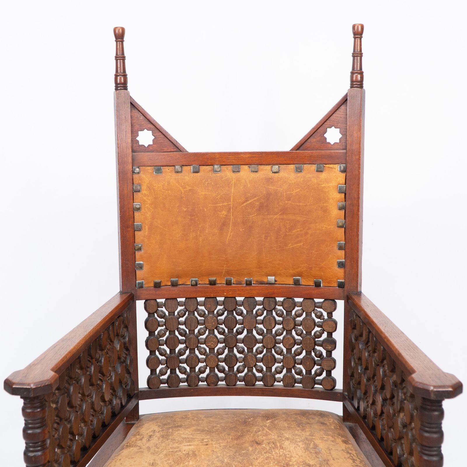 Liberty & Co. A Moorish Arts & Crafts Walnut Armchair With Original Leather Seat photo vintage