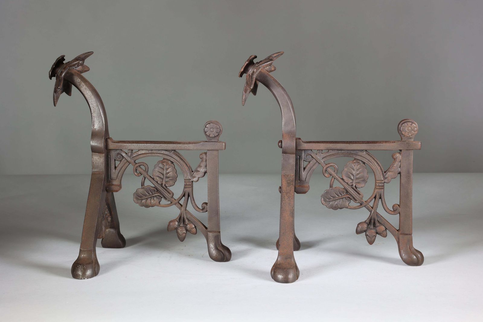 DR C Dresser (Style Of). A Pair Of Arts And Crafts Cast Iron Fire Dogs photo for sale