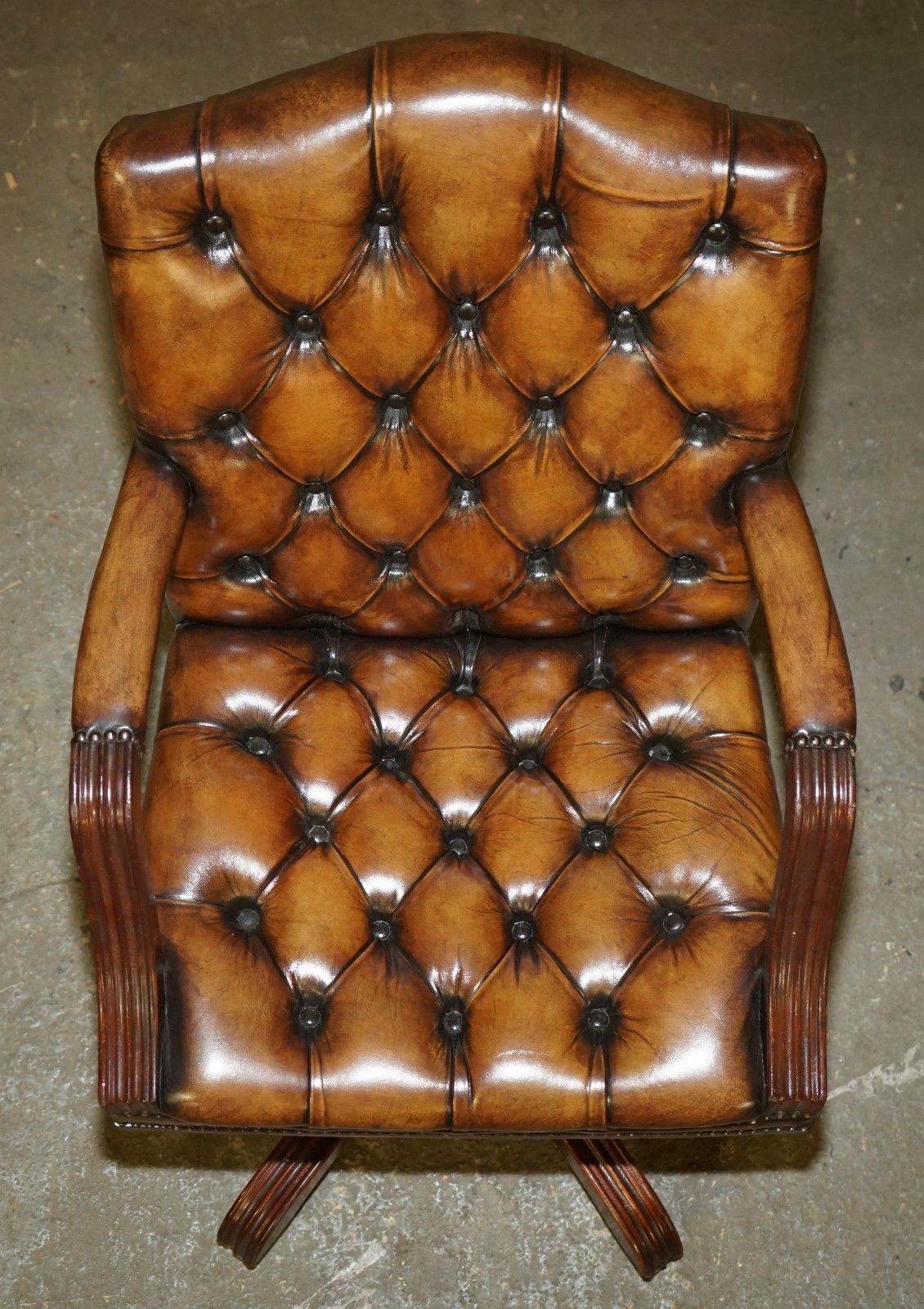 Lovely Restored Hand Dyed Cigar Brown Leather Chesterfield Tufted Captains Chair photo buy