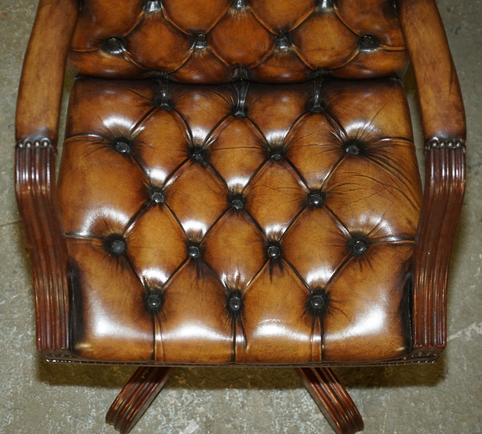Lovely Restored Hand Dyed Cigar Brown Leather Chesterfield Tufted Captains Chair photo vintage