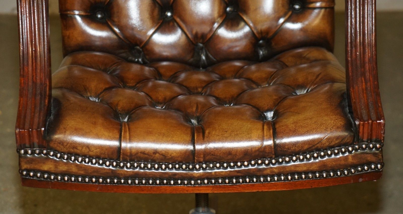 2350.0 Lovely Restored Hand Dyed Cigar Brown Leather Chesterfield Tufted Captains Chair photo