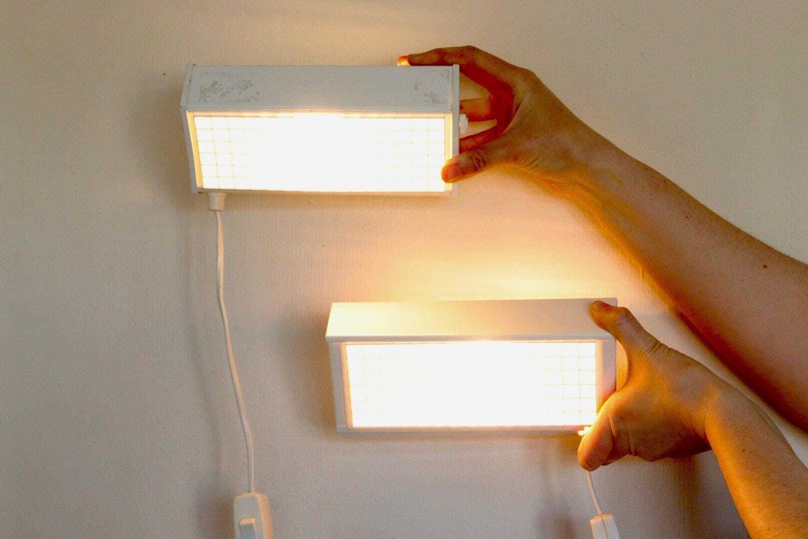 photo for sale 1970's Pair Of Mid Century Ikea Elidus Kuben Wall Lamps By Hans Agne Jakobsson