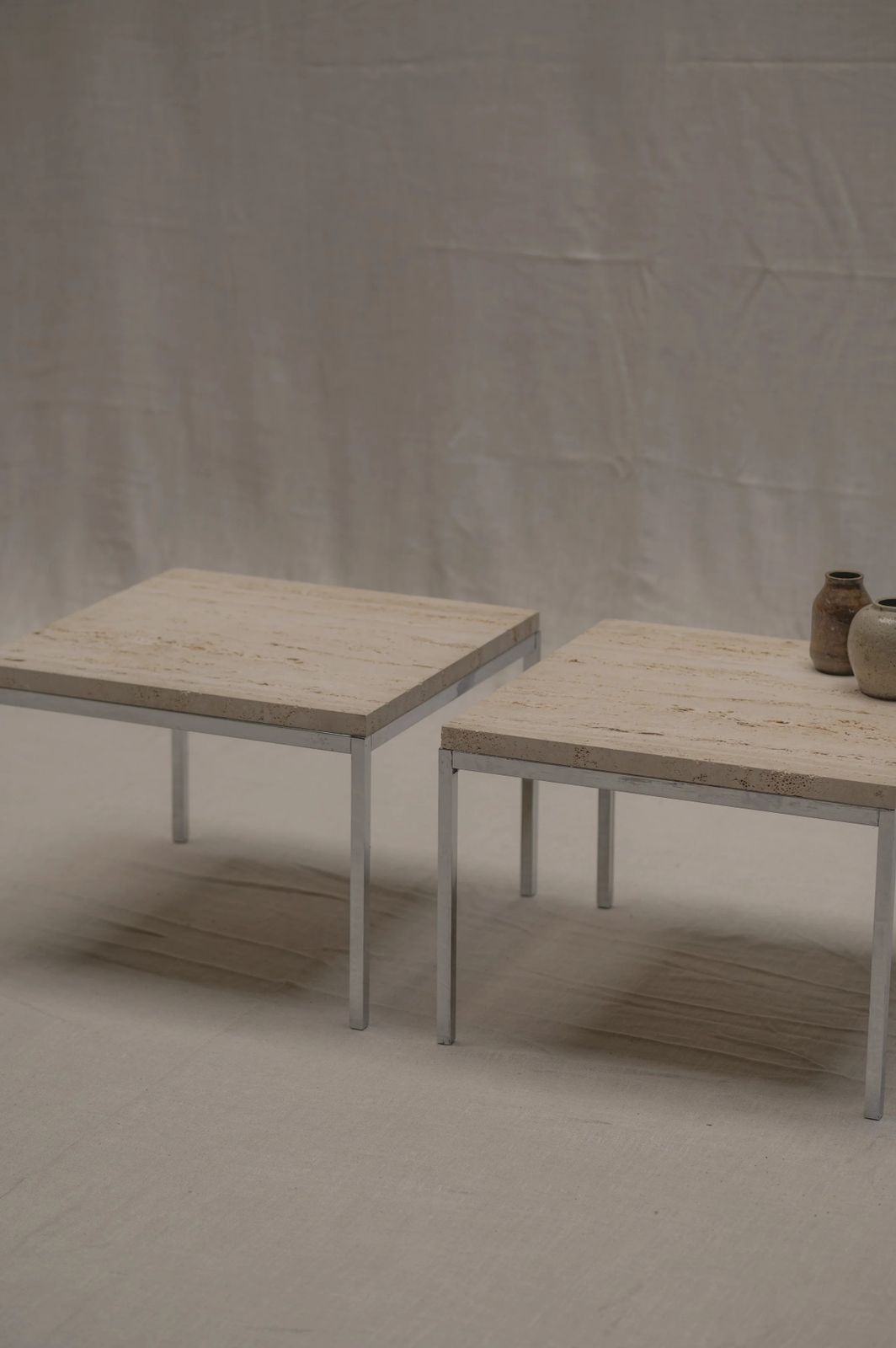 Set Of Two Modernist Side Tables In Travertine And Chrome   1970s photo Furniture