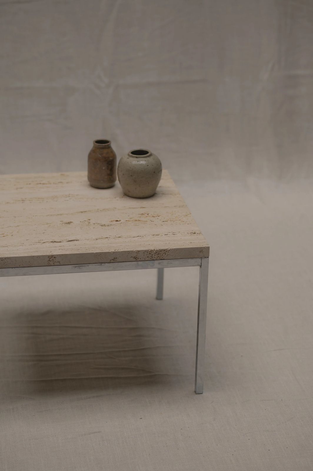 Set Of Two Modernist Side Tables In Travertine And Chrome   1970s photo 1250.0