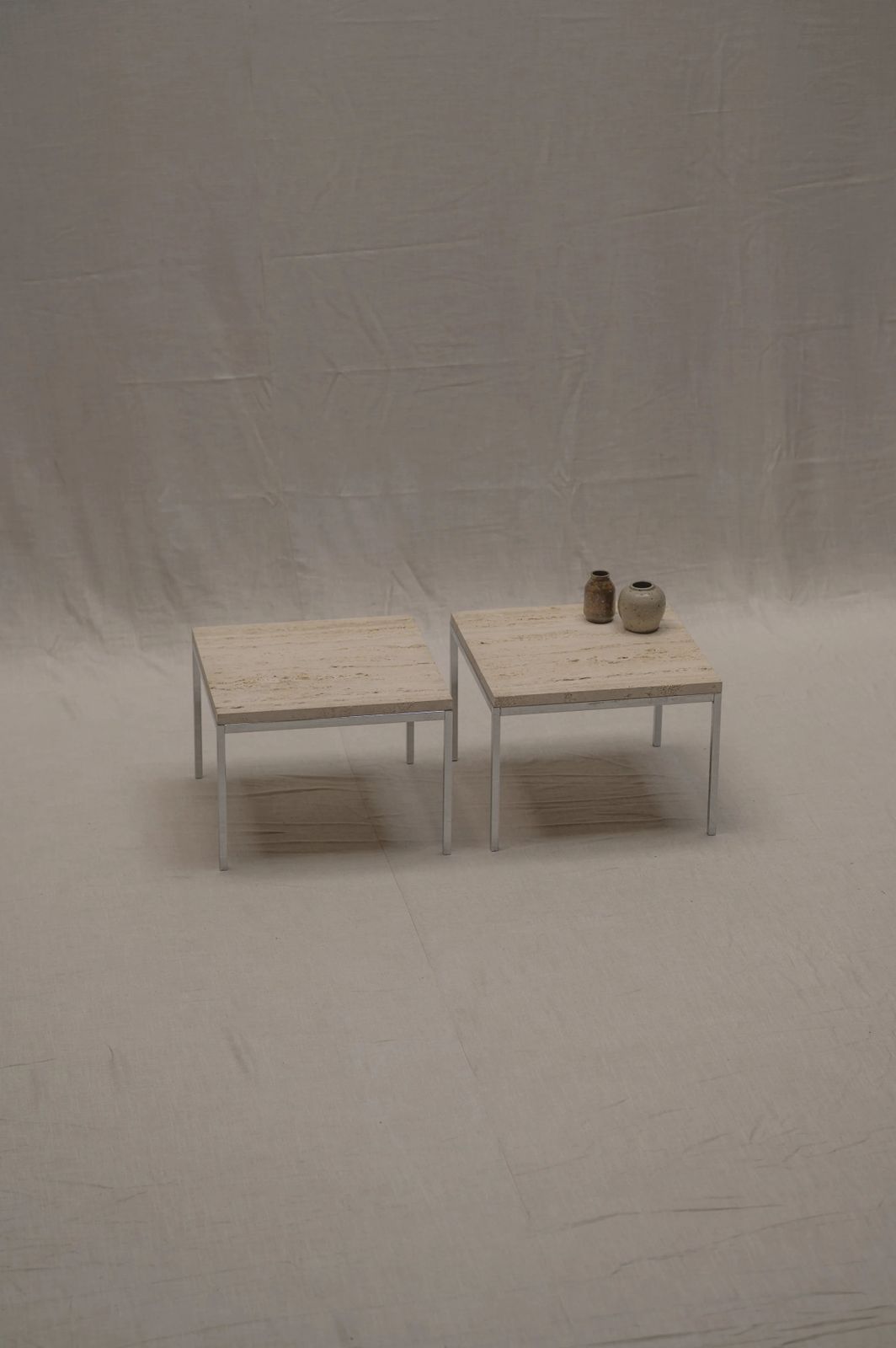 1250.0 Set Of Two Modernist Side Tables In Travertine And Chrome   1970s photo