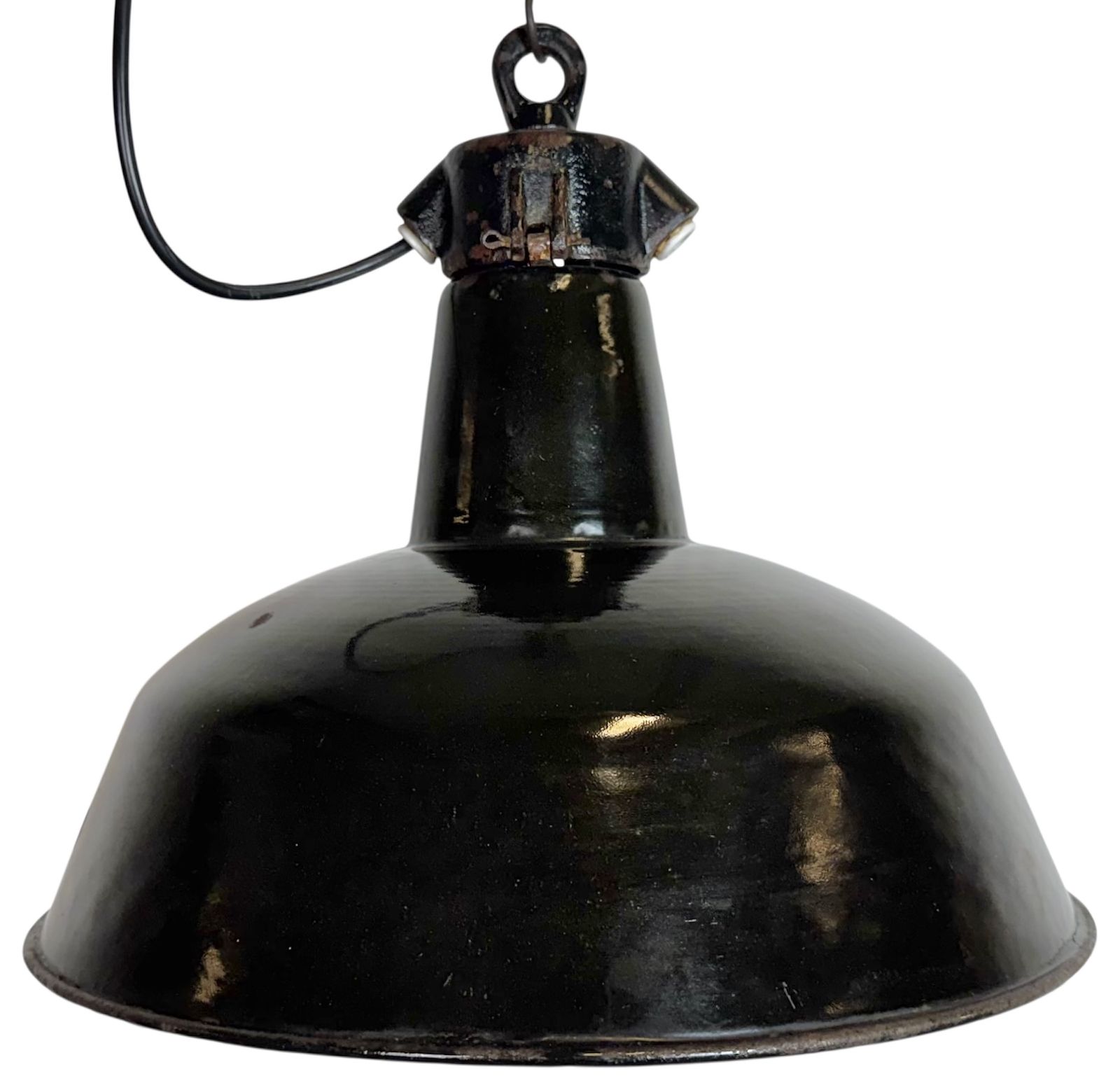 Industrial Black Enamel Factory Lamp With Cast Iron Top, 1950s