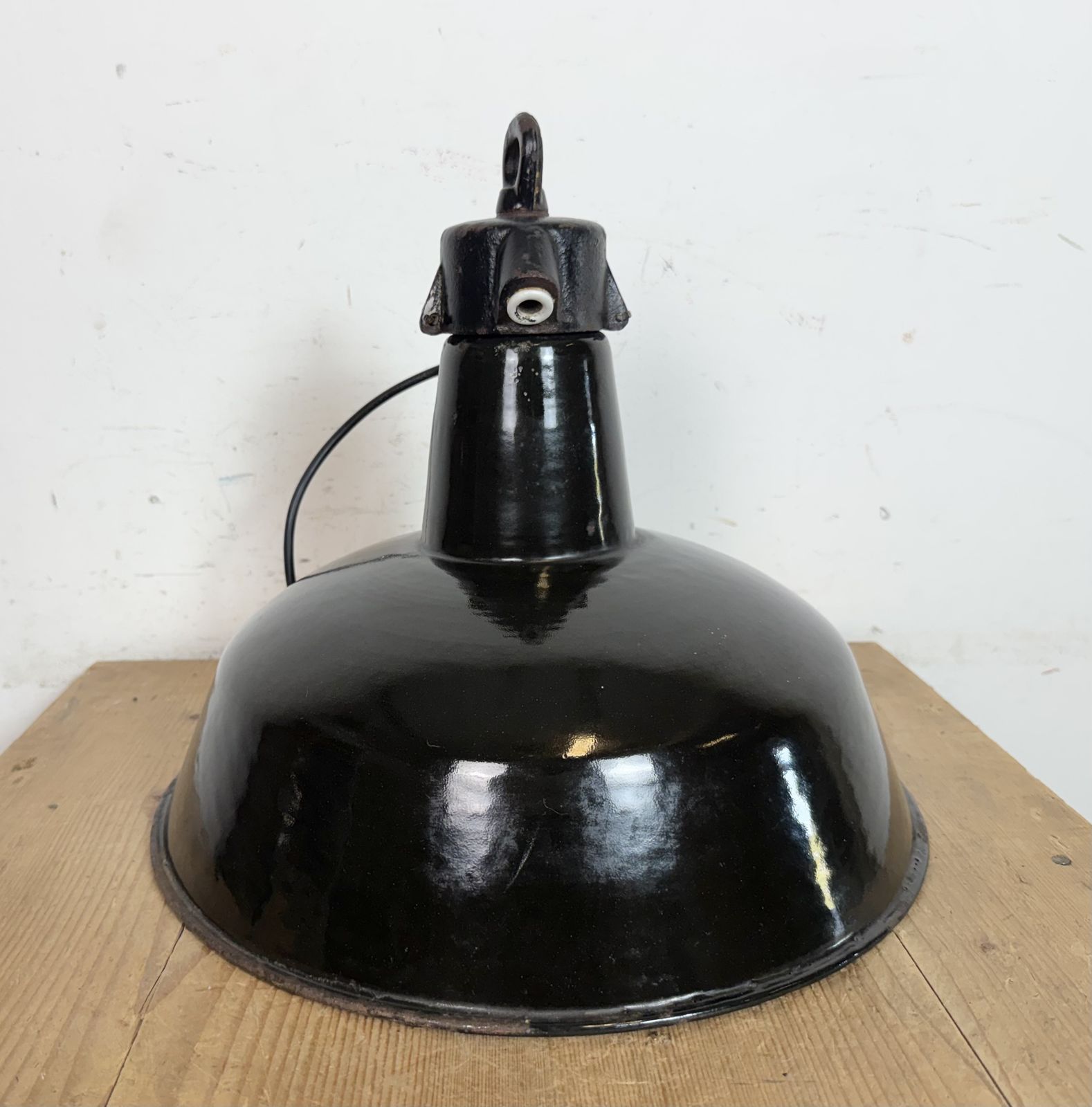 photo buy Industrial Black Enamel Factory Lamp With Cast Iron Top, 1950s