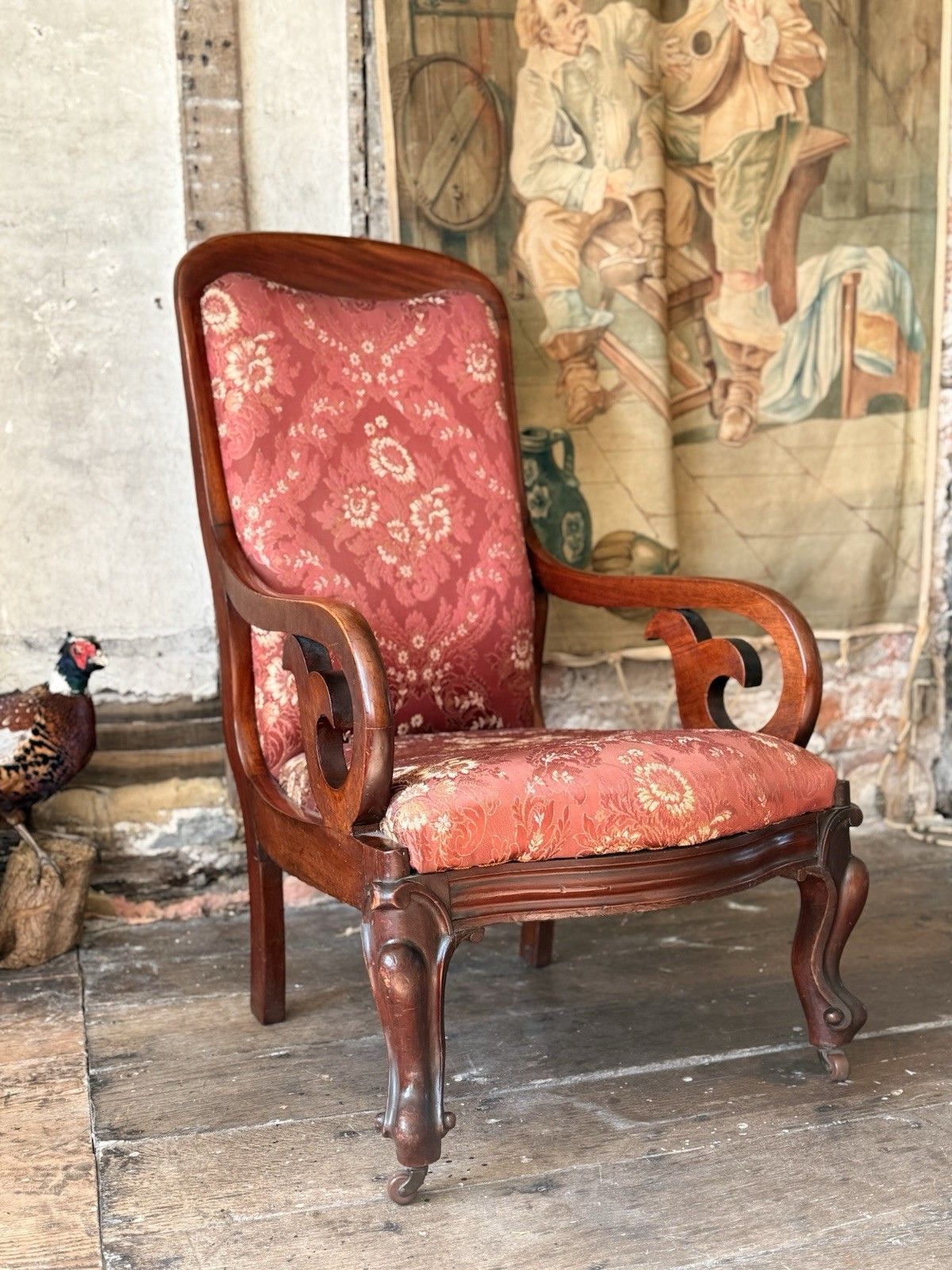 English Antique Mahogany Victorian Large Scrolled Elbow Arm Chair C 1860