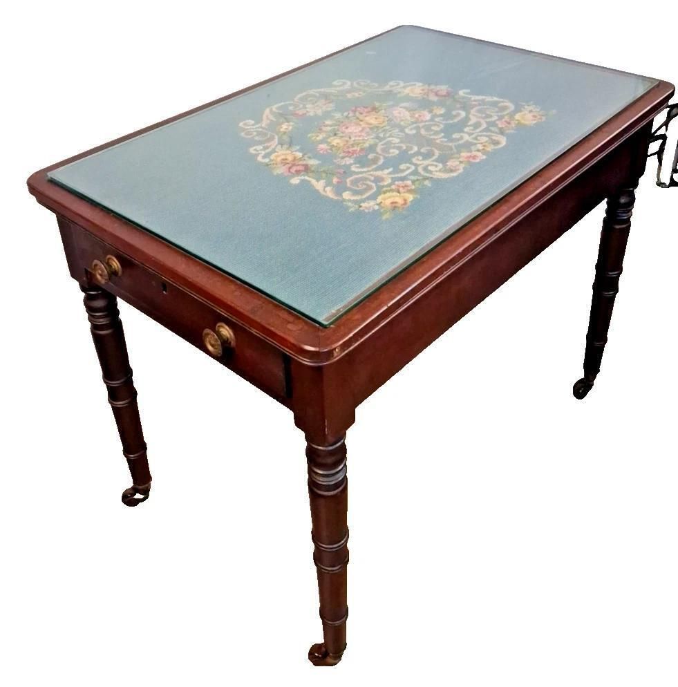Antique Tapestry Topped Occasional Table With Single End Draw Glass Top