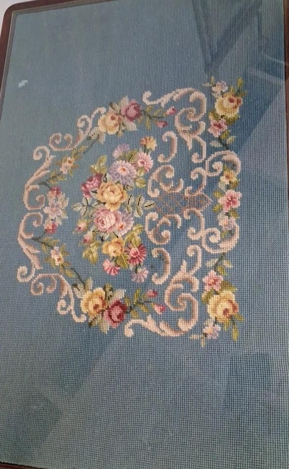 Antique Tapestry Topped Occasional Table With Single End Draw Glass Top photo 325.0