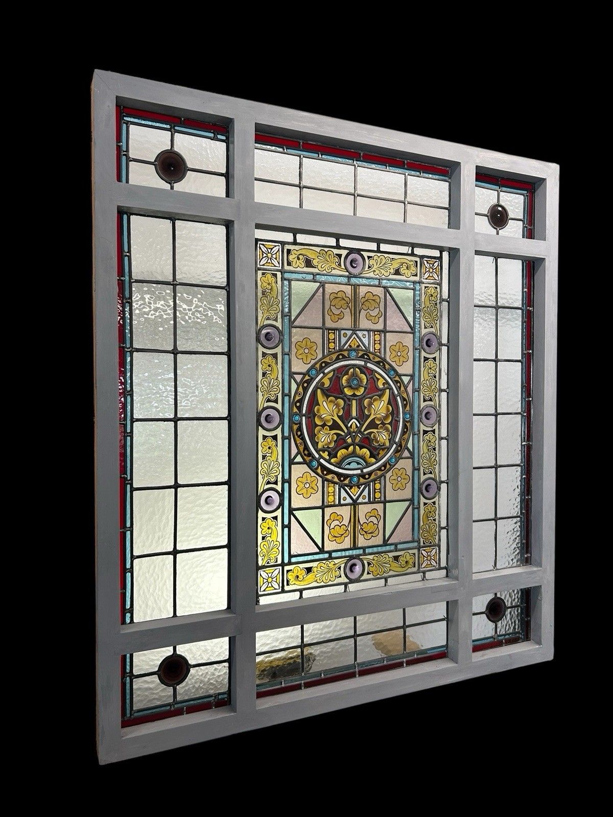 Victorian Stained Glass Hand Painted Rare Window Panel Old Restored Antique Lead photo furniture