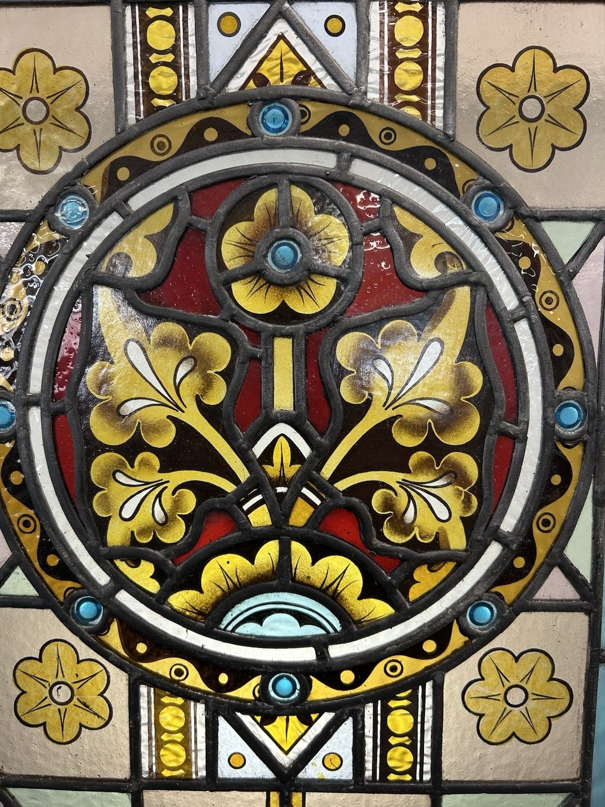 Victorian Stained Glass Hand Painted Rare Window Panel Old Restored Antique Lead photo vinterior