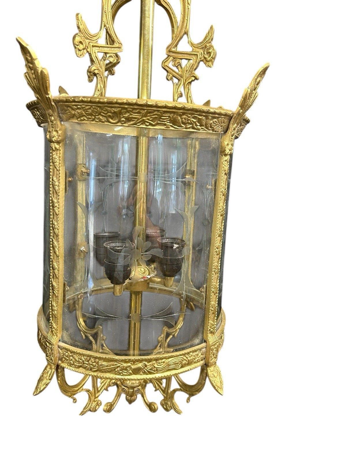 Antique Large Gilt French Lantern Ceiling Lamp Period Ormolu Brass Old Etched photo for sale