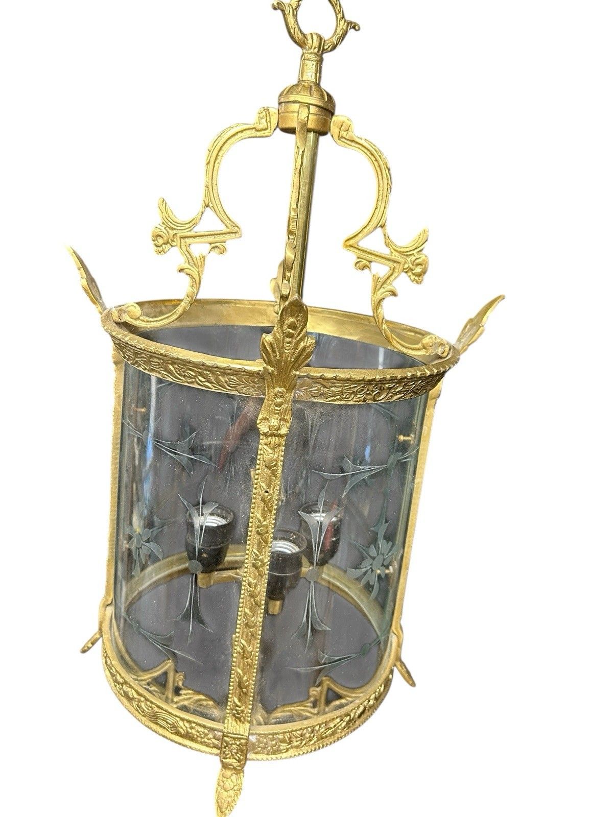 Antique Large Gilt French Lantern Ceiling Lamp Period Ormolu Brass Old Etched photo Lighting