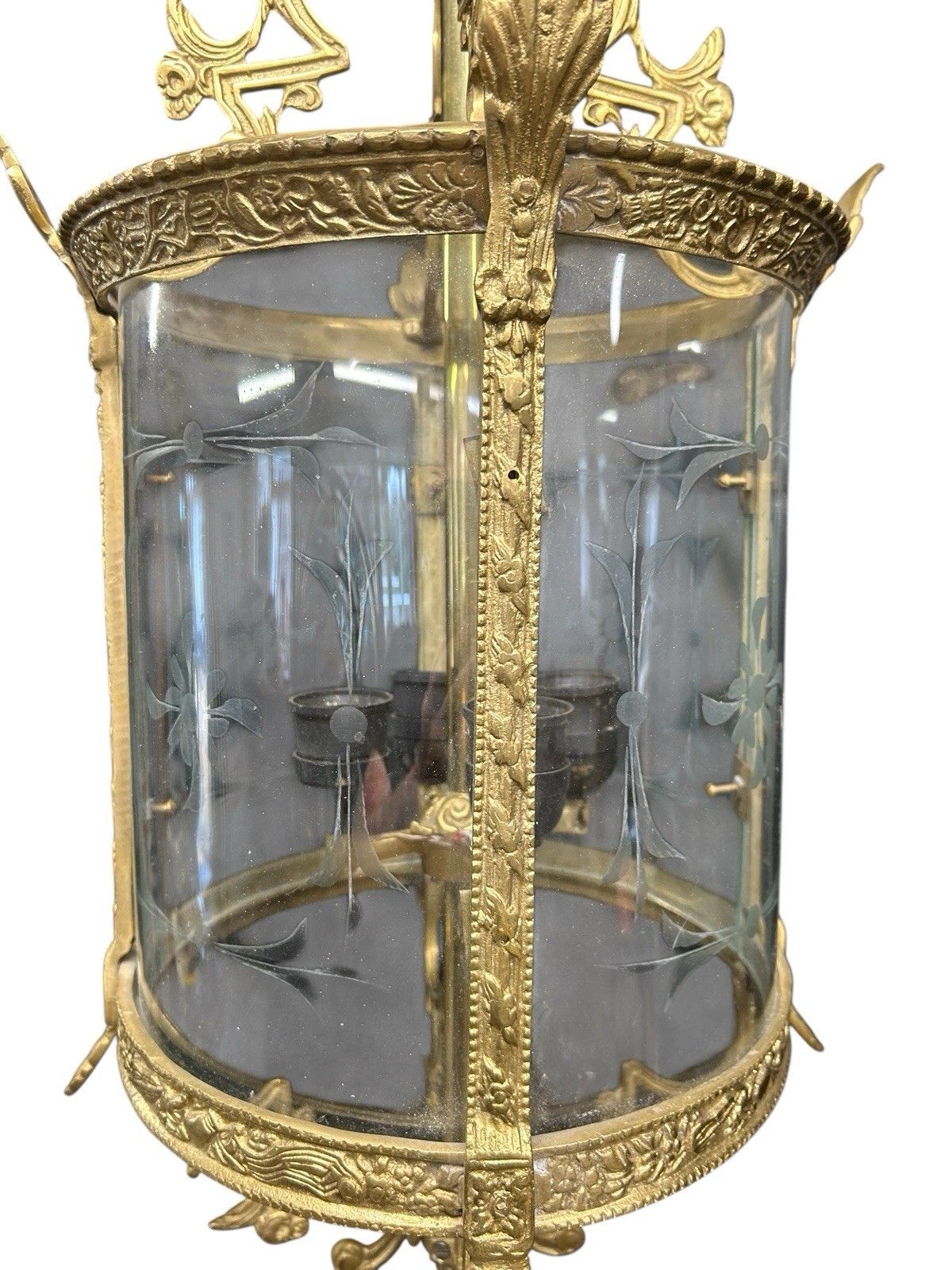 Antique Large Gilt French Lantern Ceiling Lamp Period Ormolu Brass Old Etched photo 2183.0