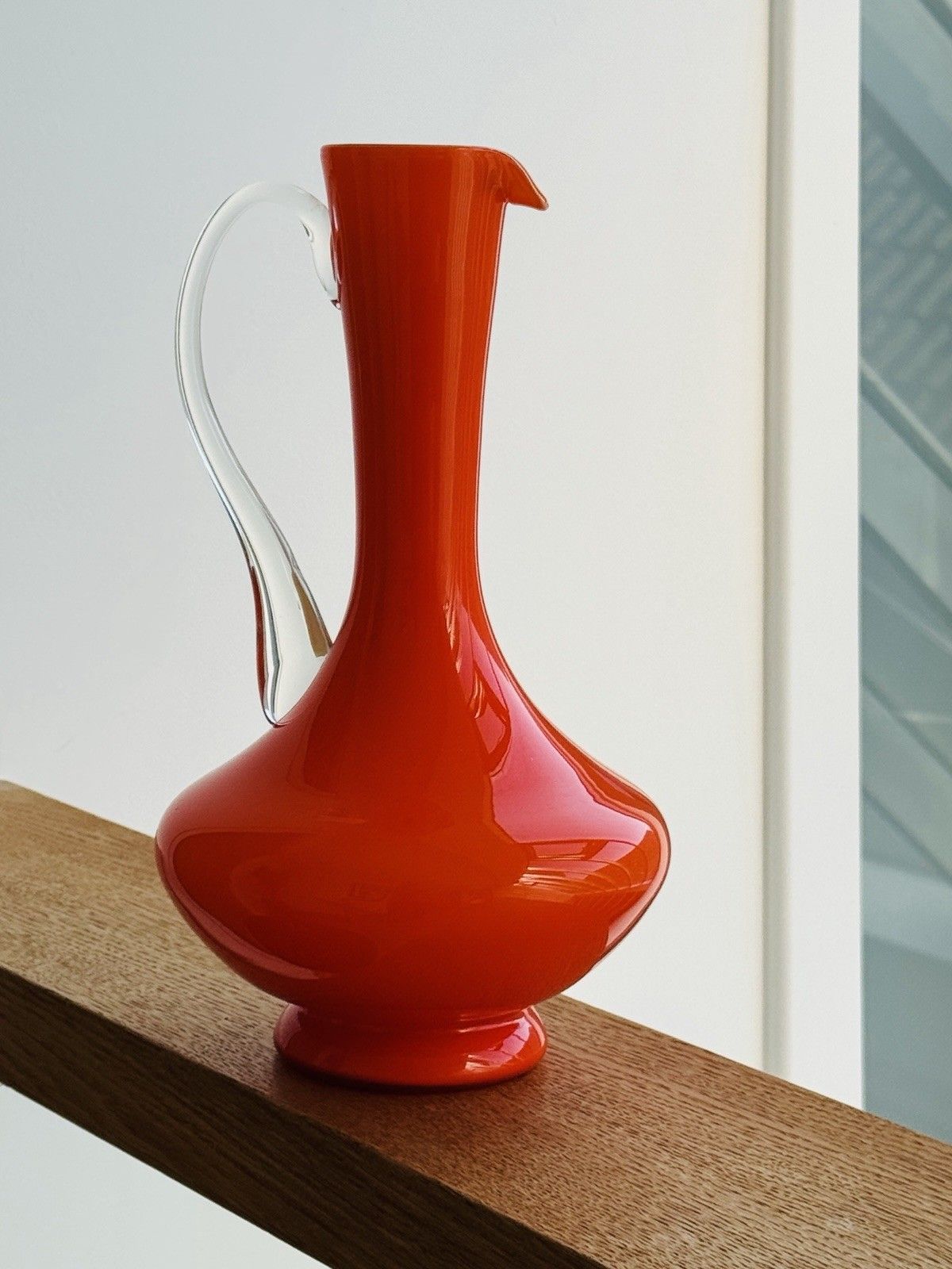 Vintage 1970s Italian Empoli Fiorentina Orange Opaline Glass Jug, Clear Handle photo Home Decor