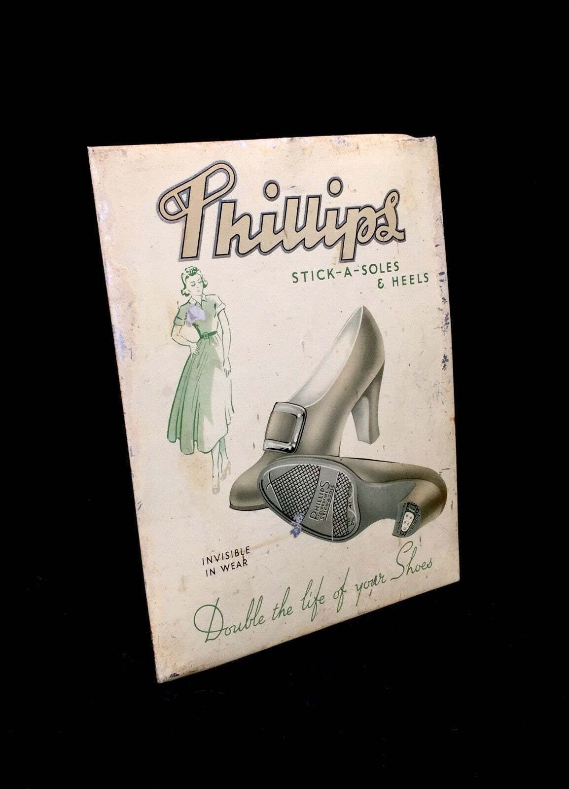 Antique Advertising Phillips Stick A Soles & Heels Showcard  Shoe Shop Sign photo vinterior