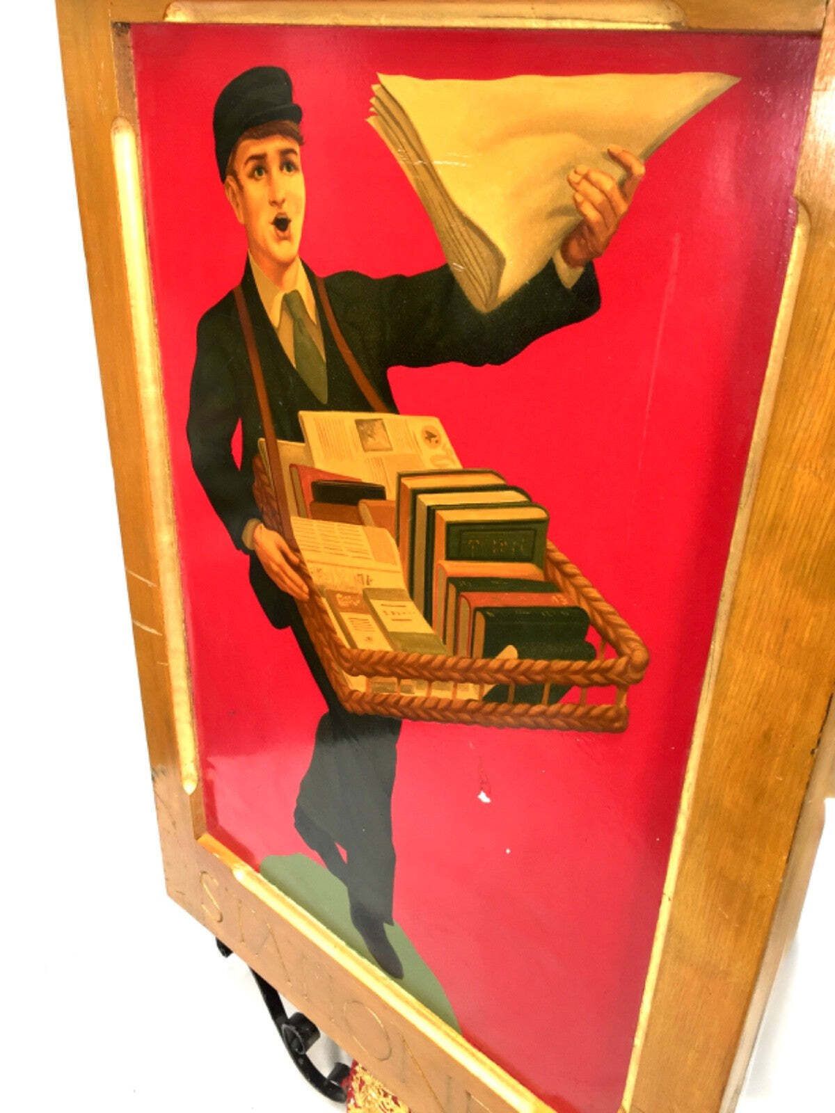 Antique Advertising Large 1930s W. H. Smith Painted Newsboy Hanging Shop Sign photo vinterior