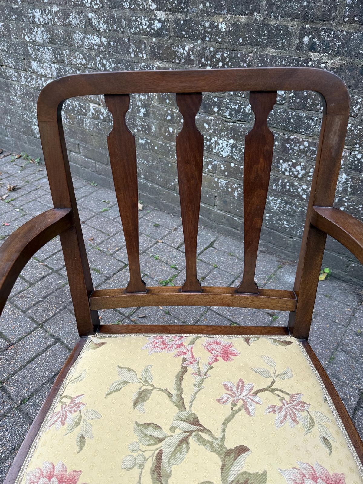 Antique 1920s  30s Edwardian Revival Mahogany Armchair With Floral Upholstery, Antique Carver Chair Early 1900s England photo vinterior